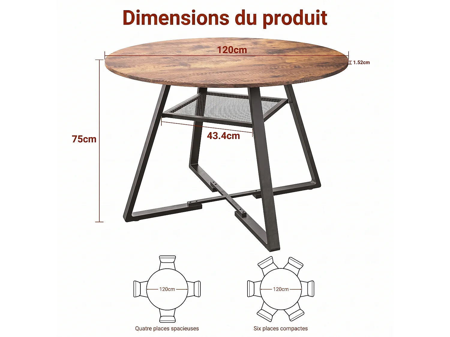 DreamMespace Table à Manger Ronde 120 cm - avec Étagère de Rangement Intégrée 4-6 Personnes, Effet Bois Chêne Foncé et Métal Noir