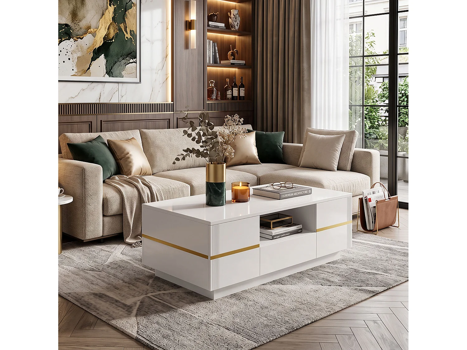 DreamMespace Table Basse 100x50 cm avec Rangement 2 Portes & Tiroir, Meuble de Salon Laqué Blanc et Doré