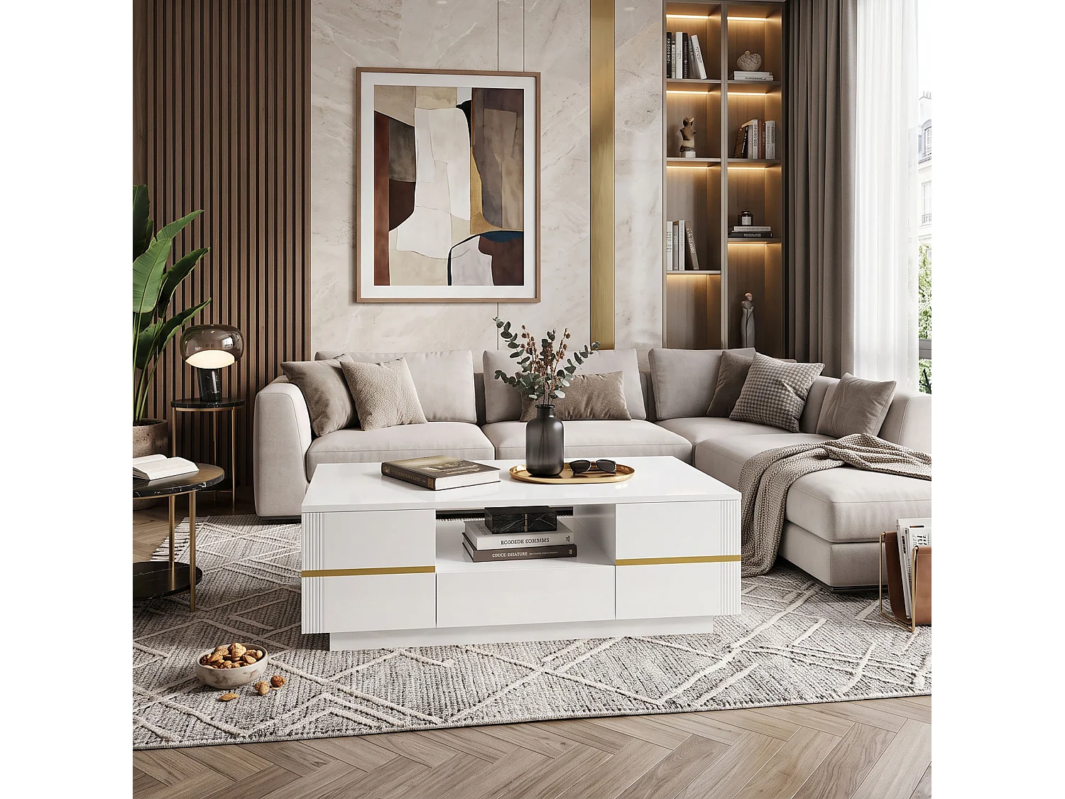 DreamMespace Table Basse 100x50 cm avec Rangement 2 Portes & Tiroir, Meuble de Salon Laqué Blanc et Doré