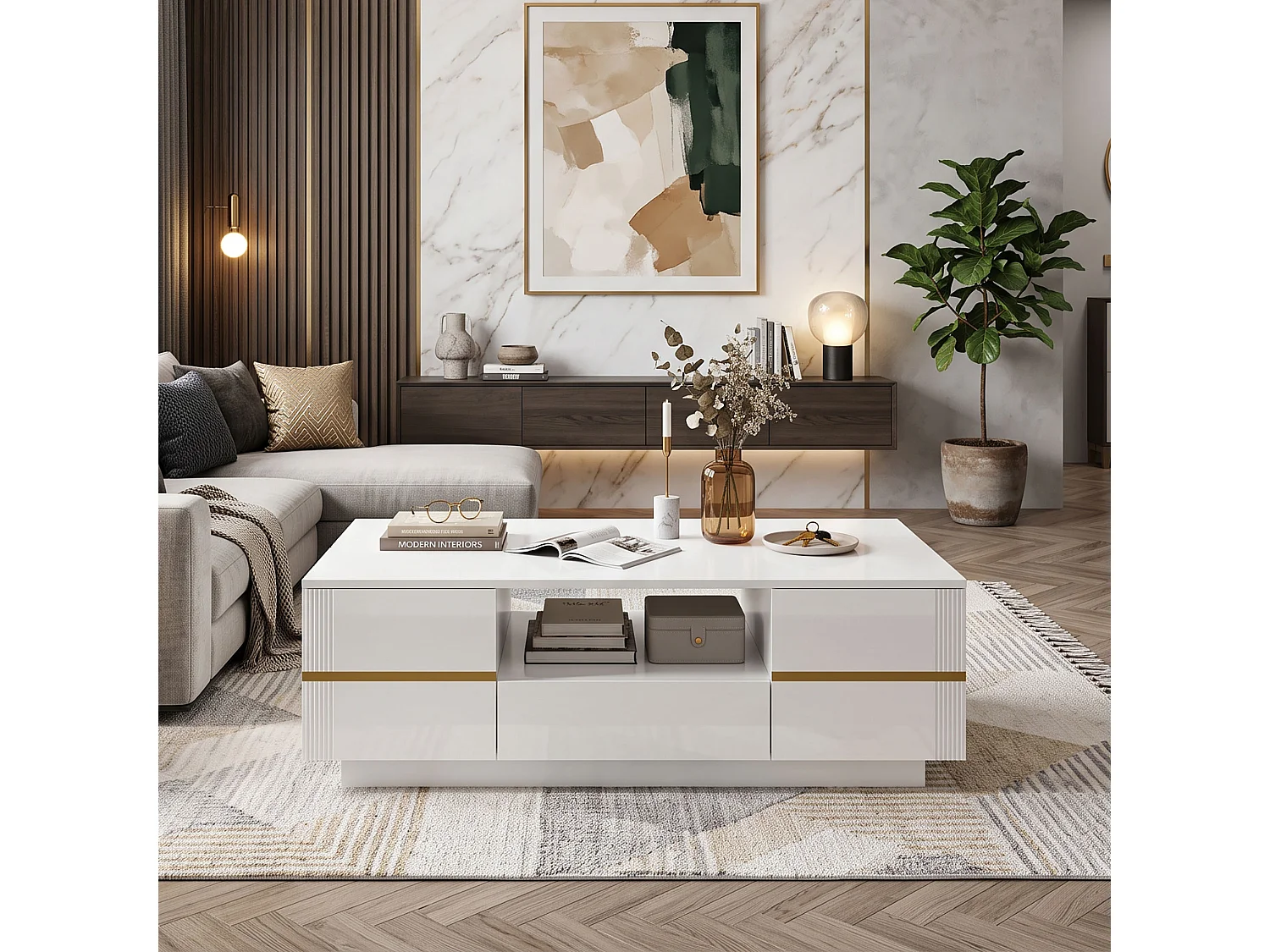 DreamMespace Table Basse 100x50 cm avec Rangement 2 Portes & Tiroir, Meuble de Salon Laqué Blanc et Doré