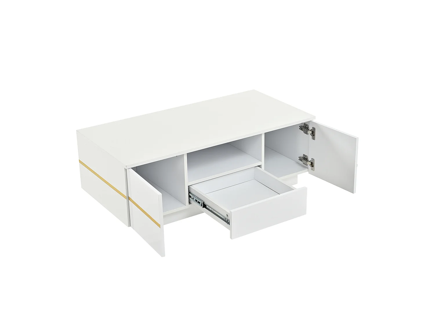 DreamMespace Table Basse 100x50 cm avec Rangement 2 Portes & Tiroir, Meuble de Salon Laqué Blanc et Doré