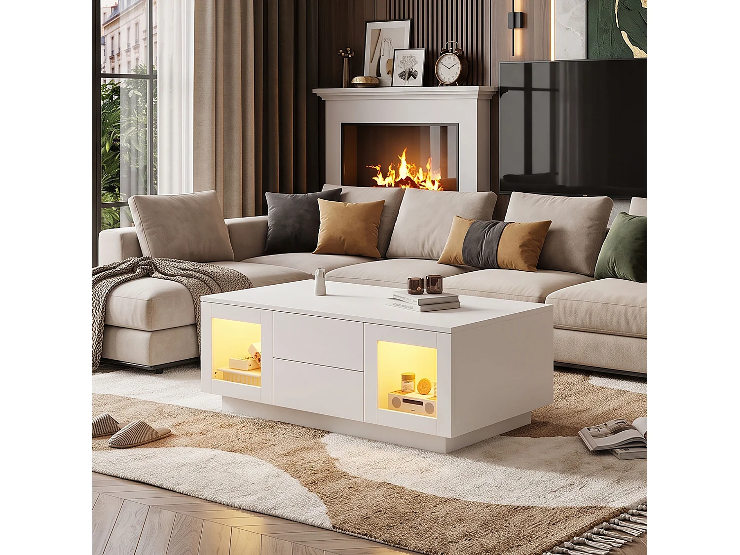 DreamMespace Table Basse 100x50 cm avec Rangement 2 Tiroirs & 2 Portes Vitrées, LED RGB Blanc Laqué