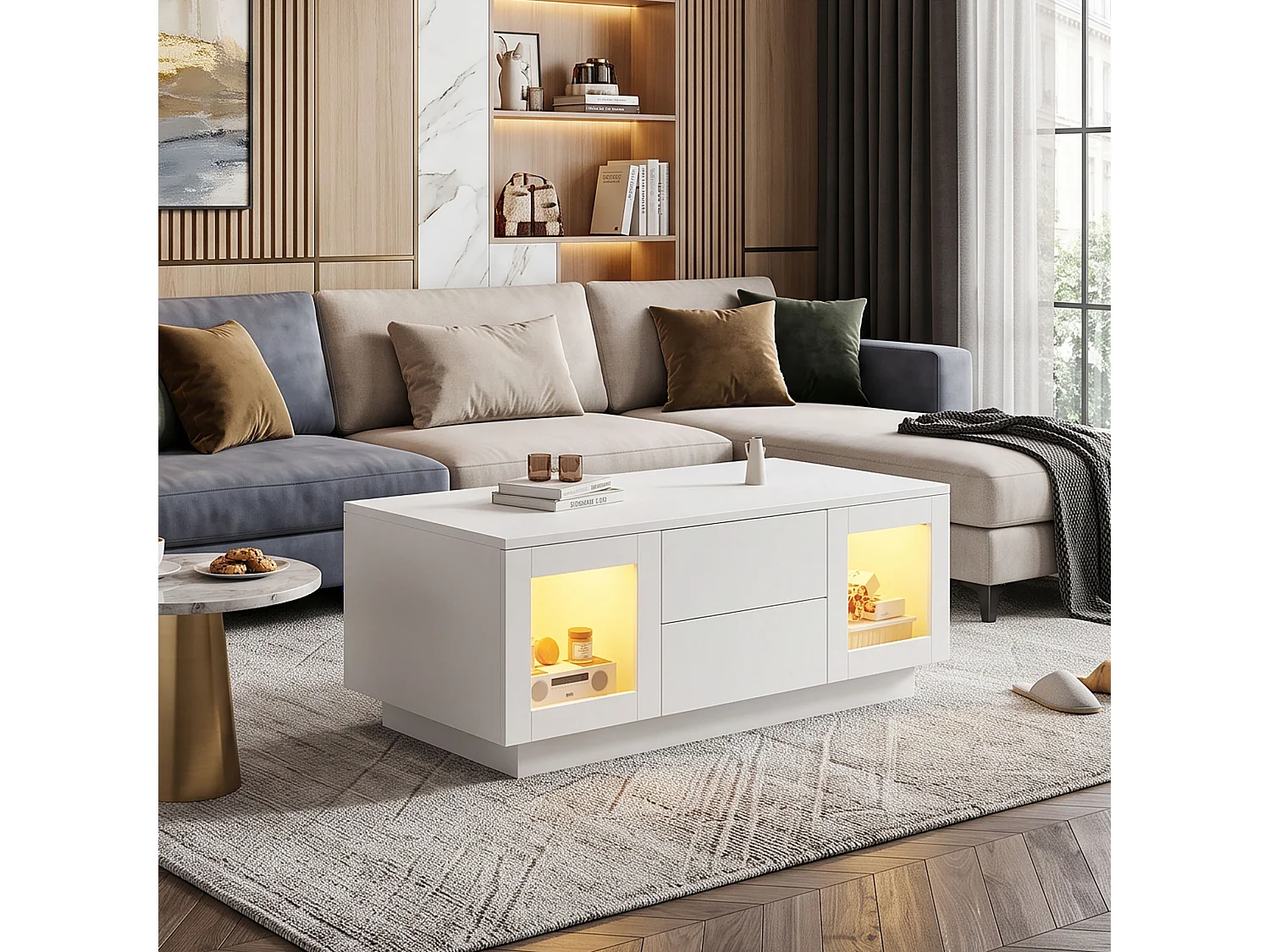 DreamMespace Table Basse 100x50 cm avec Rangement 2 Tiroirs & 2 Portes Vitrées, LED RGB Blanc Laqué