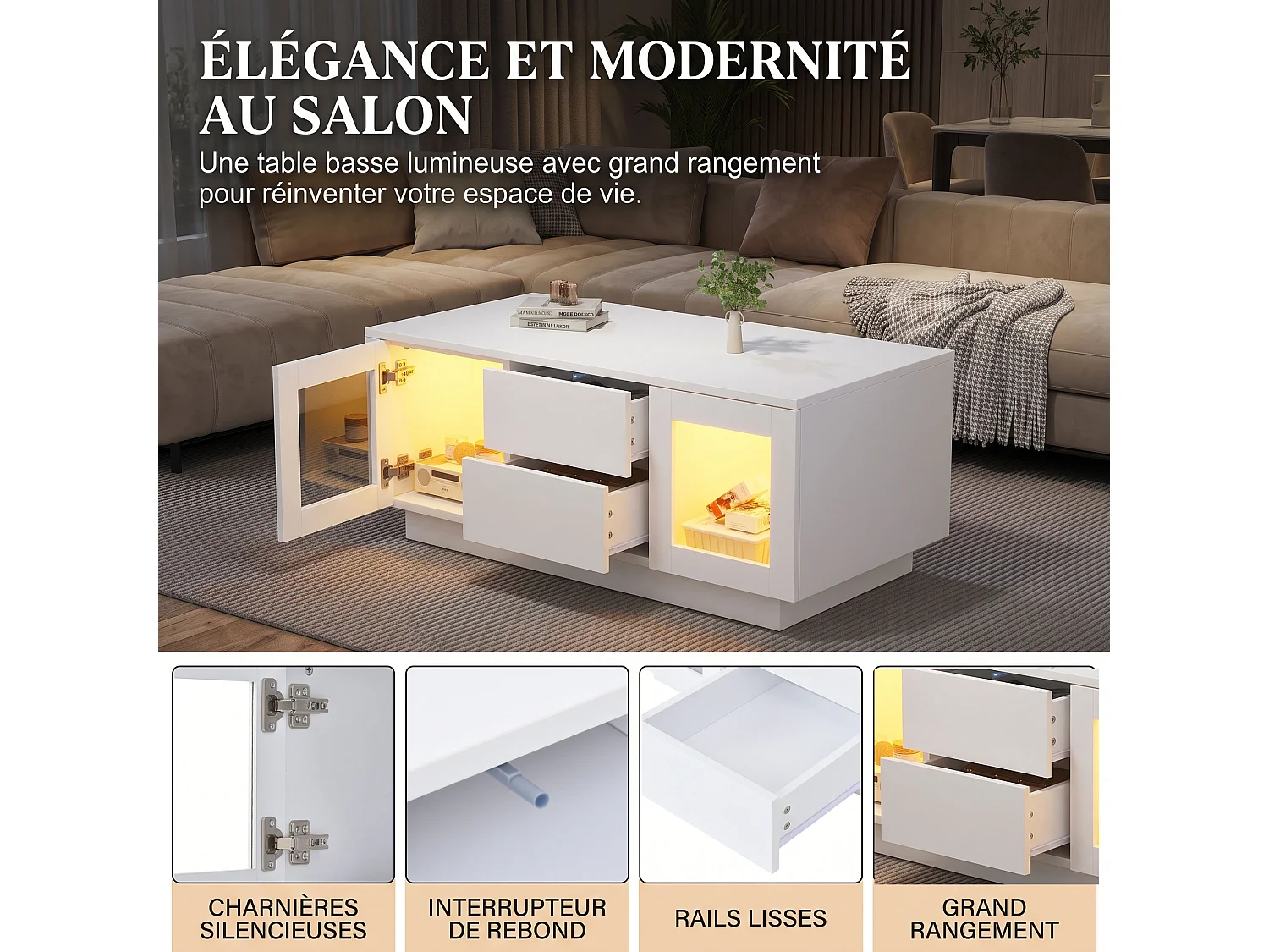 DreamMespace Table Basse 100x50 cm avec Rangement 2 Tiroirs & 2 Portes Vitrées, LED RGB Blanc Laqué