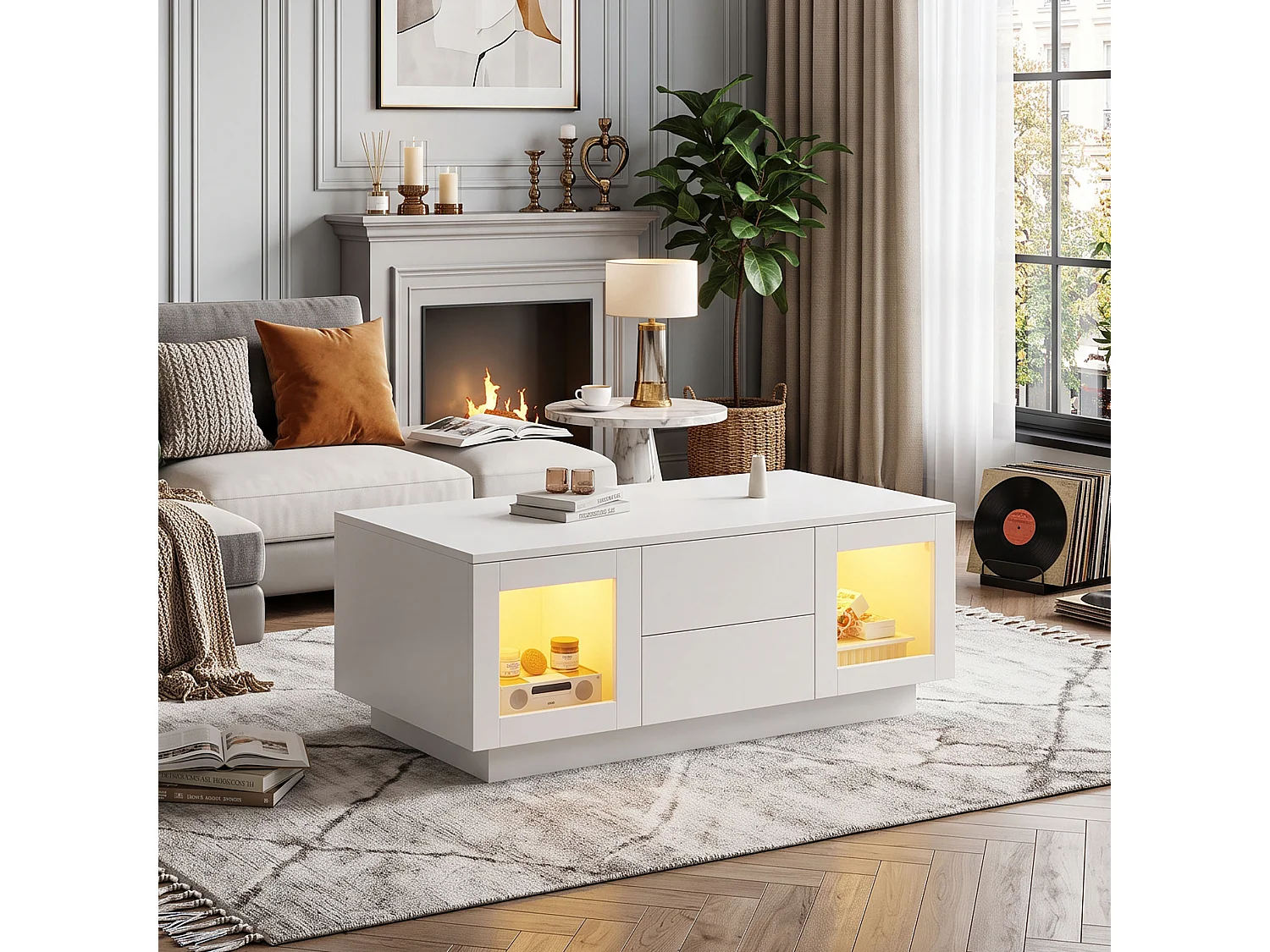 DreamMespace Table Basse 100x50 cm avec Rangement 2 Tiroirs & 2 Portes Vitrées, LED RGB Blanc Laqué