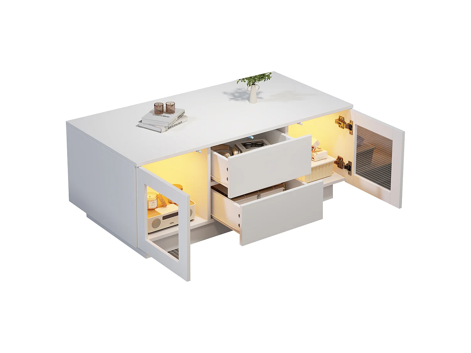 DreamMespace Table Basse 100x50 cm avec Rangement 2 Tiroirs & 2 Portes Vitrées, LED RGB Blanc Laqué