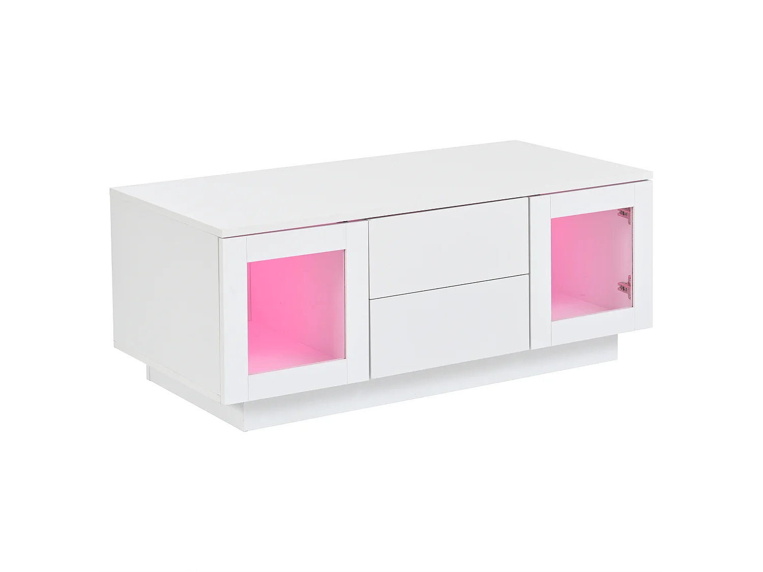 DreamMespace Table Basse 100x50 cm avec Rangement 2 Tiroirs & 2 Portes Vitrées, LED RGB Blanc Laqué