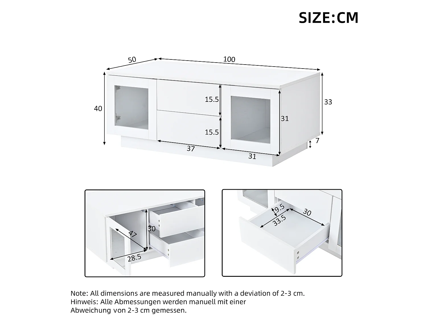 DreamMespace Table Basse 100x50 cm avec Rangement 2 Tiroirs & 2 Portes Vitrées, LED RGB Blanc Laqué