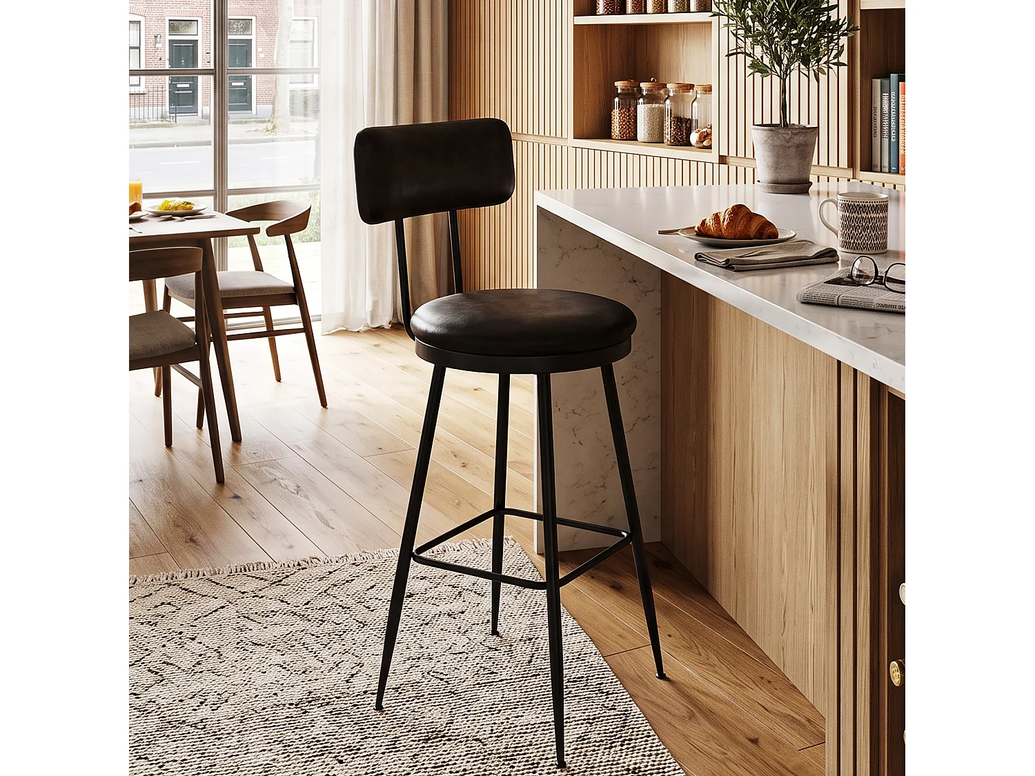 DreamMespace Lot de 4 Tabourets de Bar 65 cm Chaises Hautes d'Îlot Moderne avec Dossier et Repose-Pieds, Métal et Simili Cuir Noir
