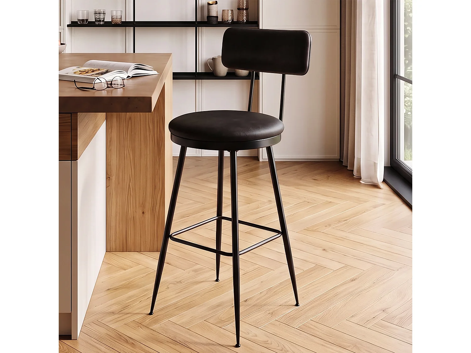 DreamMespace Lot de 4 Tabourets de Bar 65 cm Chaises Hautes d'Îlot Moderne avec Dossier et Repose-Pieds, Métal et Simili Cuir Noir