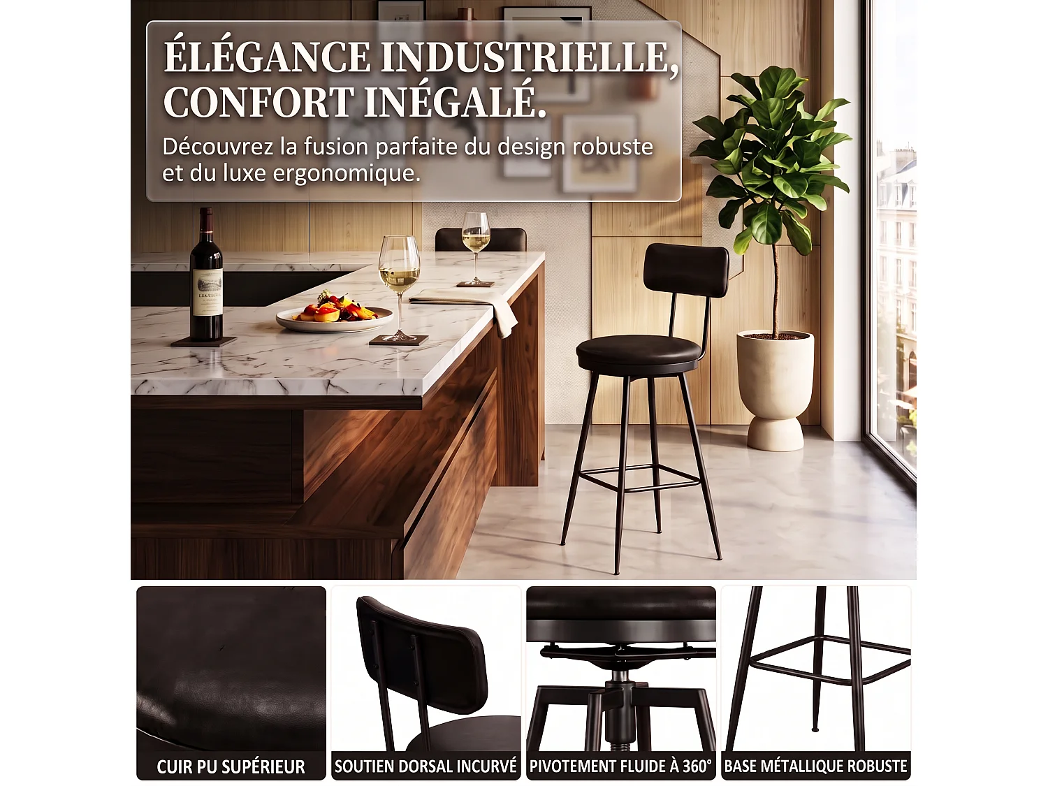 DreamMespace Lot de 4 Tabourets de Bar 65 cm Chaises Hautes d'Îlot Moderne avec Dossier et Repose-Pieds, Métal et Simili Cuir Noir
