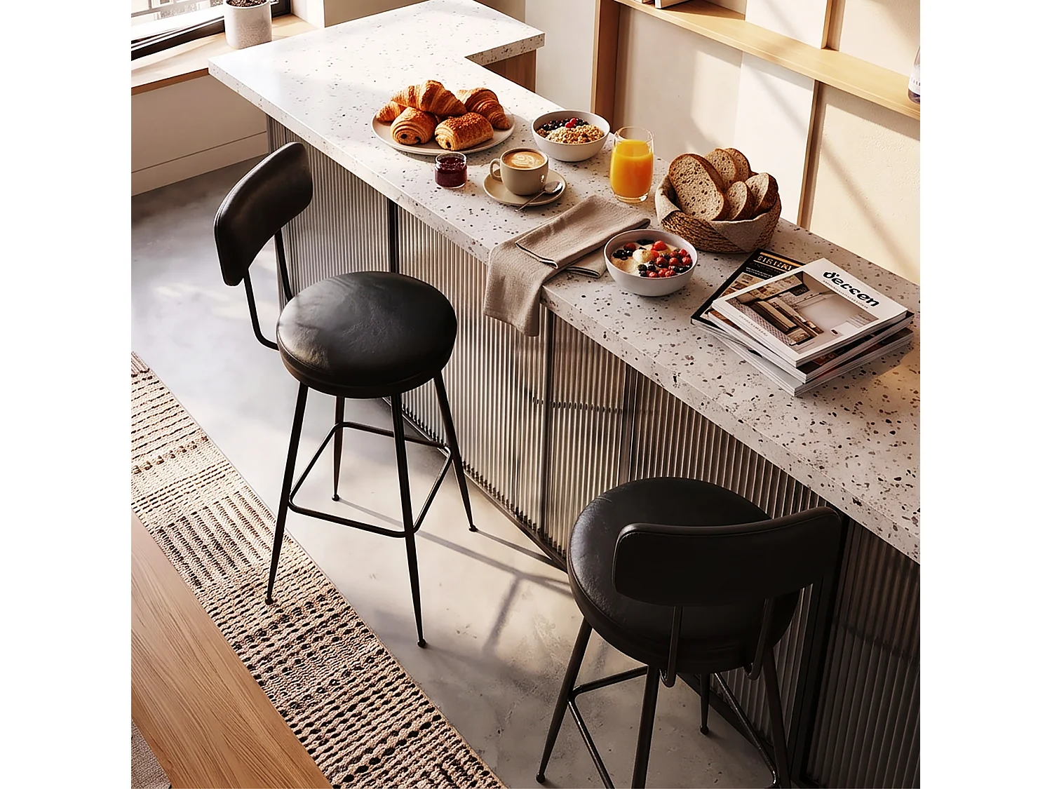 DreamMespace Lot de 4 Tabourets de Bar 65 cm Chaises Hautes d'Îlot Moderne avec Dossier et Repose-Pieds, Métal et Simili Cuir Noir