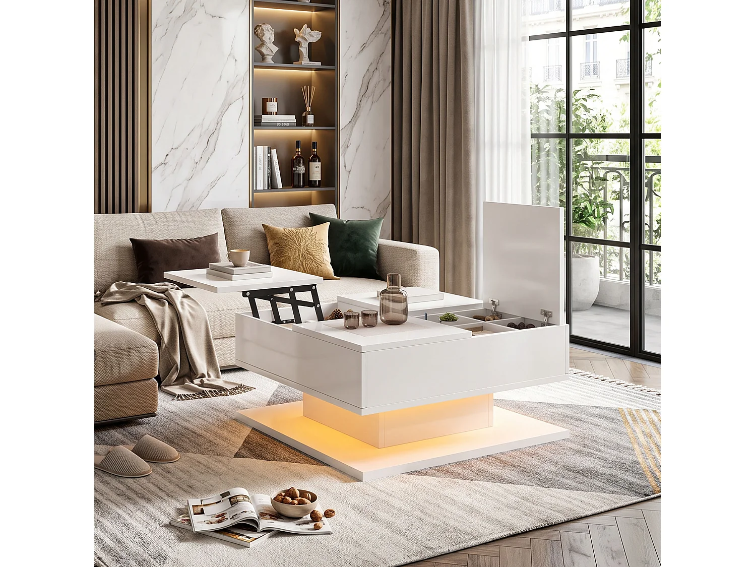 DreamMespace Table Basse 72x72 cm Relevable avec Rangement & Tiroirs, Éclairage LED Blanc Laqué