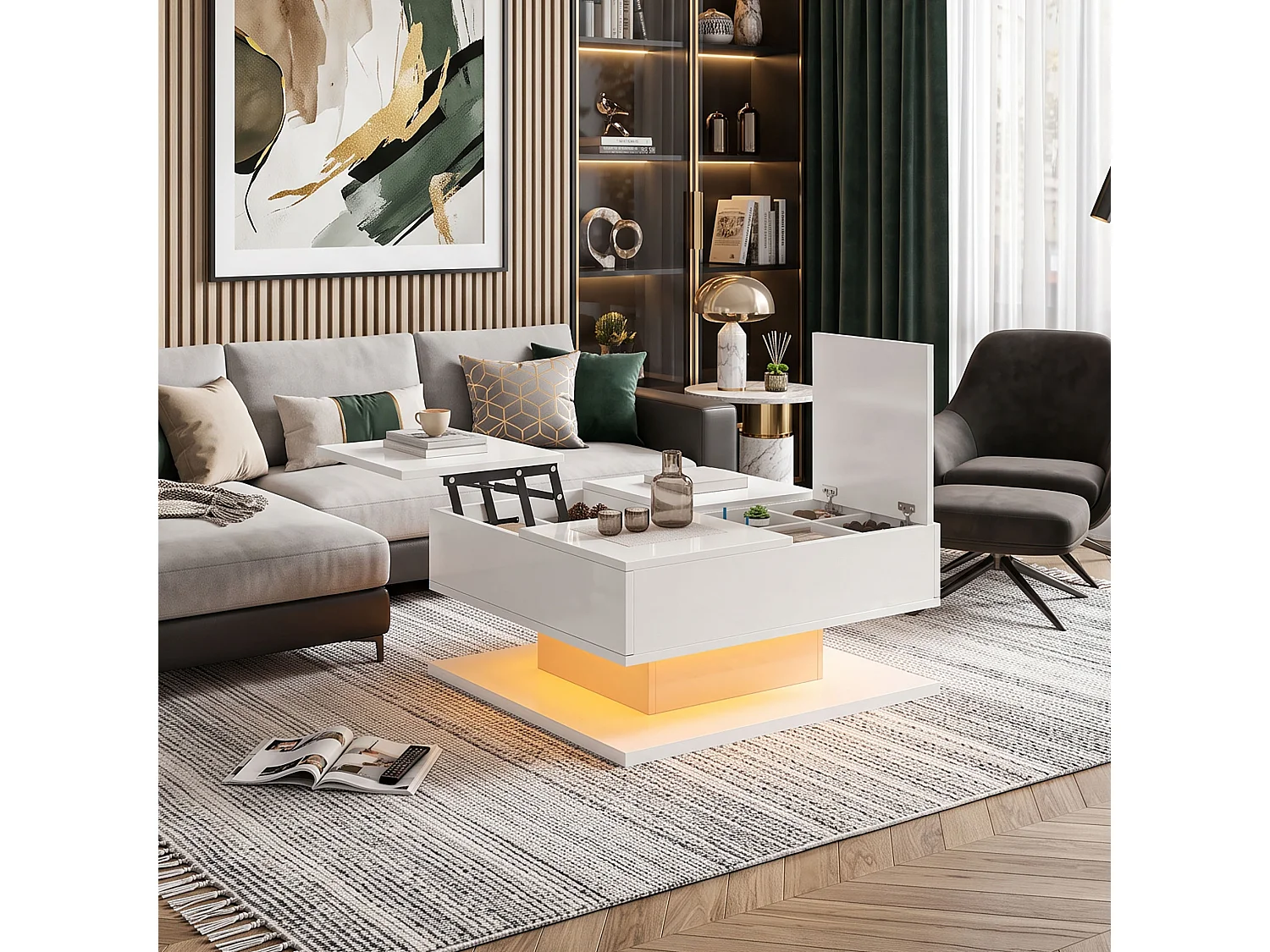 DreamMespace Table Basse 72x72 cm Relevable avec Rangement & Tiroirs, Éclairage LED Blanc Laqué