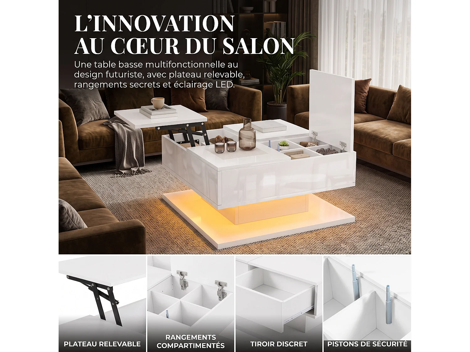 DreamMespace Table Basse 72x72 cm Relevable avec Rangement & Tiroirs, Éclairage LED Blanc Laqué