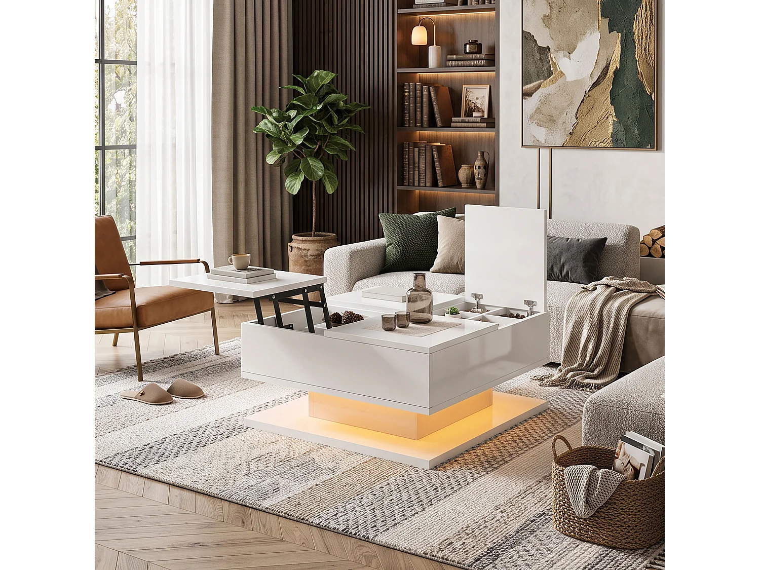 DreamMespace Table Basse 72x72 cm Relevable avec Rangement & Tiroirs, Éclairage LED Blanc Laqué