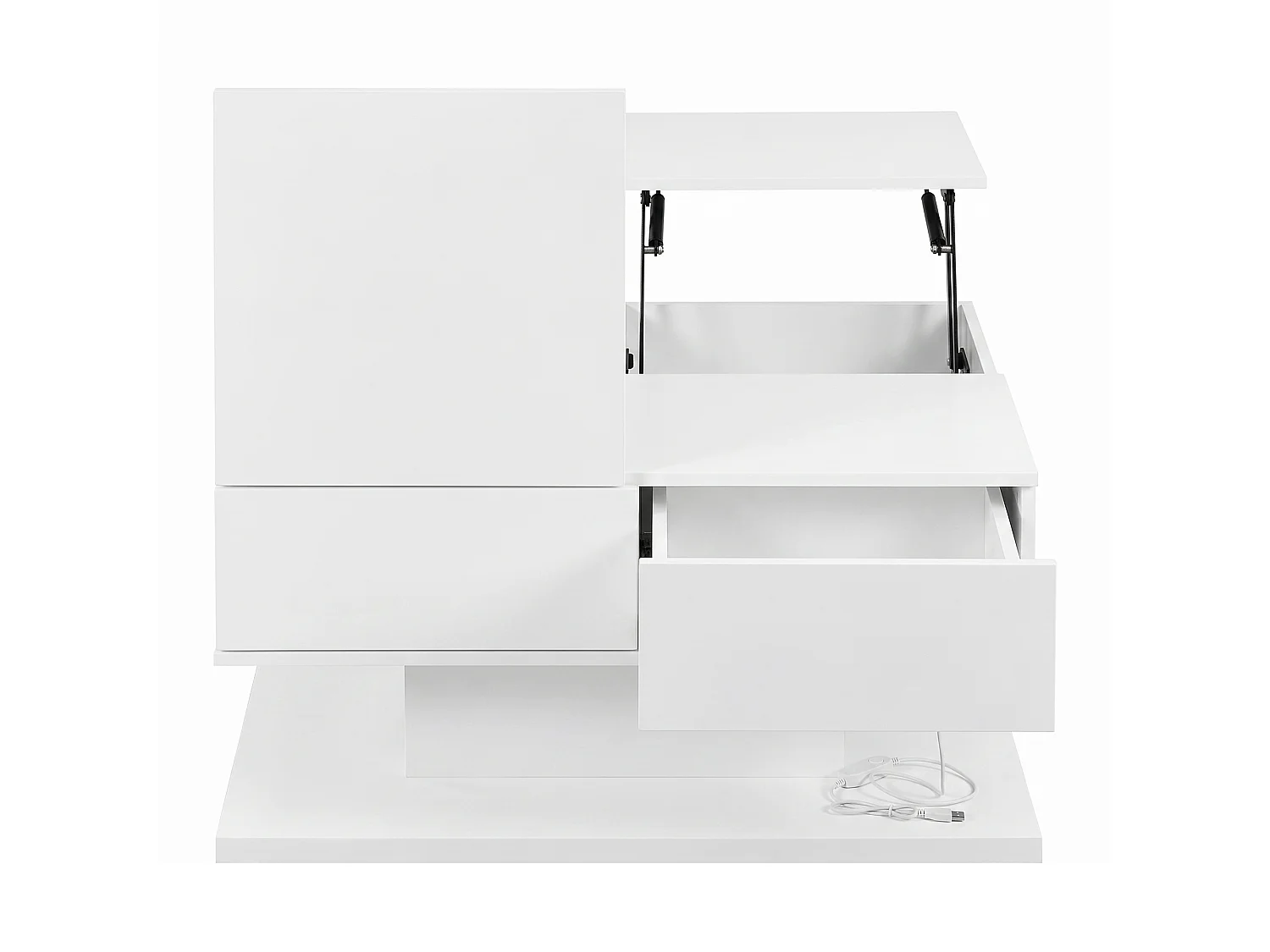 DreamMespace Table Basse 72x72 cm Relevable avec Rangement & Tiroirs, Éclairage LED Blanc Laqué