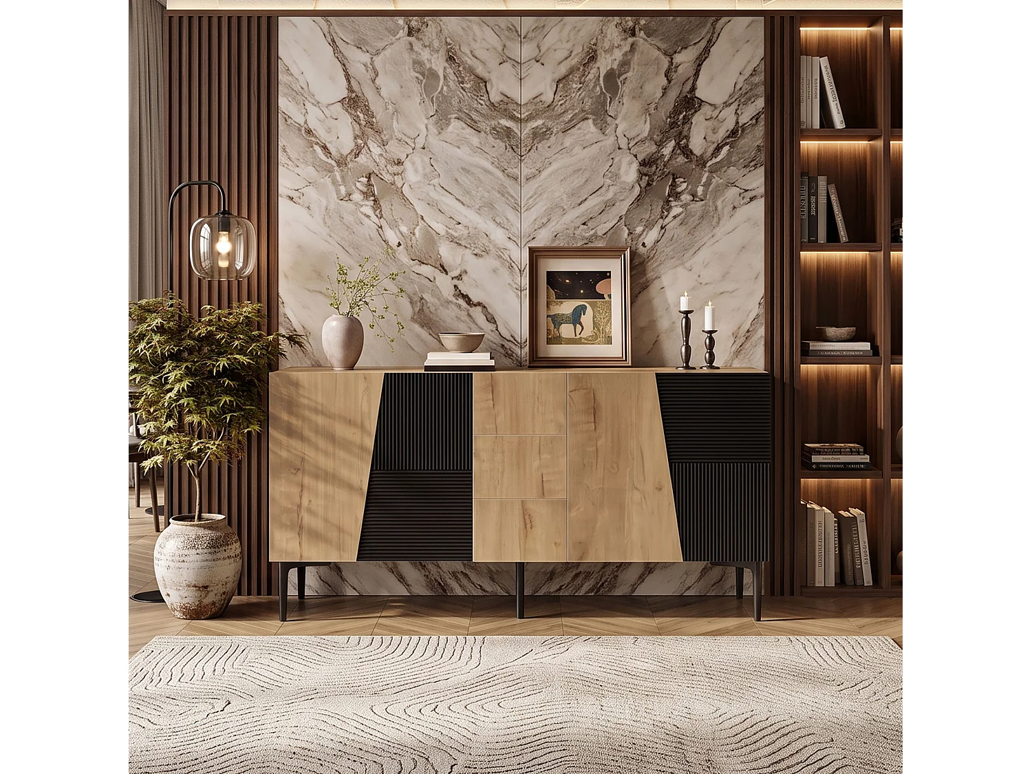 DreamMespace Buffet 160x40x80 cm - Meuble de Rangement 4 Portes 3 Tiroirs Étagères Réglables, Aspect Bois & Noir Industriels