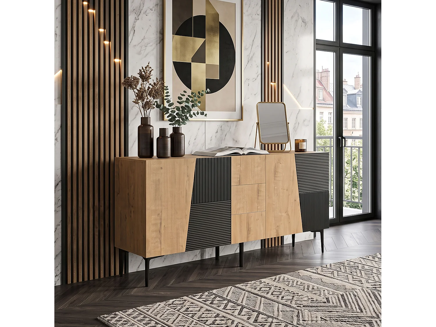 DreamMespace Buffet 160x40x80 cm - Meuble de Rangement 4 Portes 3 Tiroirs Étagères Réglables, Aspect Bois & Noir Industriels