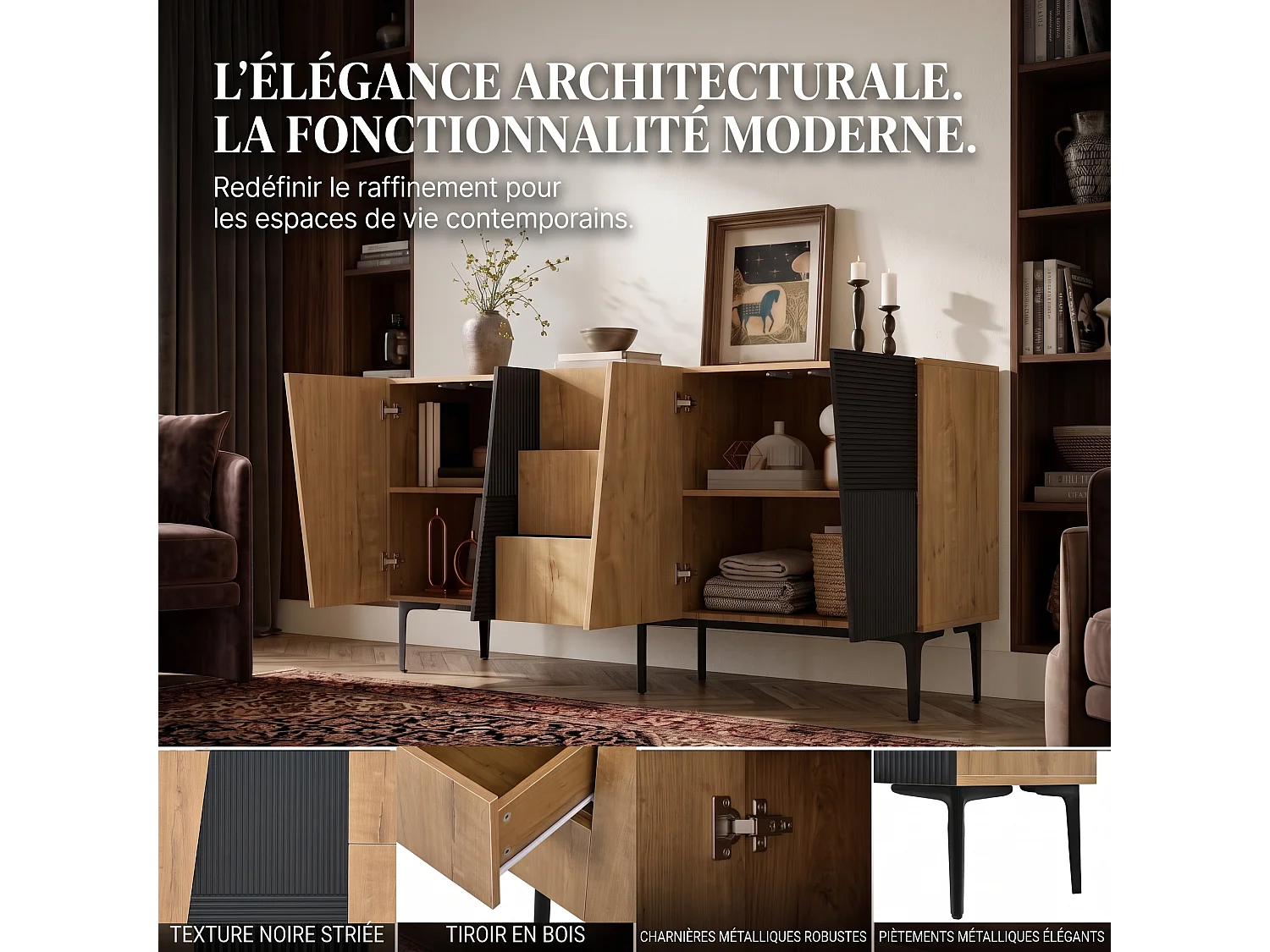 DreamMespace Buffet 160x40x80 cm - Meuble de Rangement 4 Portes 3 Tiroirs Étagères Réglables, Aspect Bois & Noir Industriels