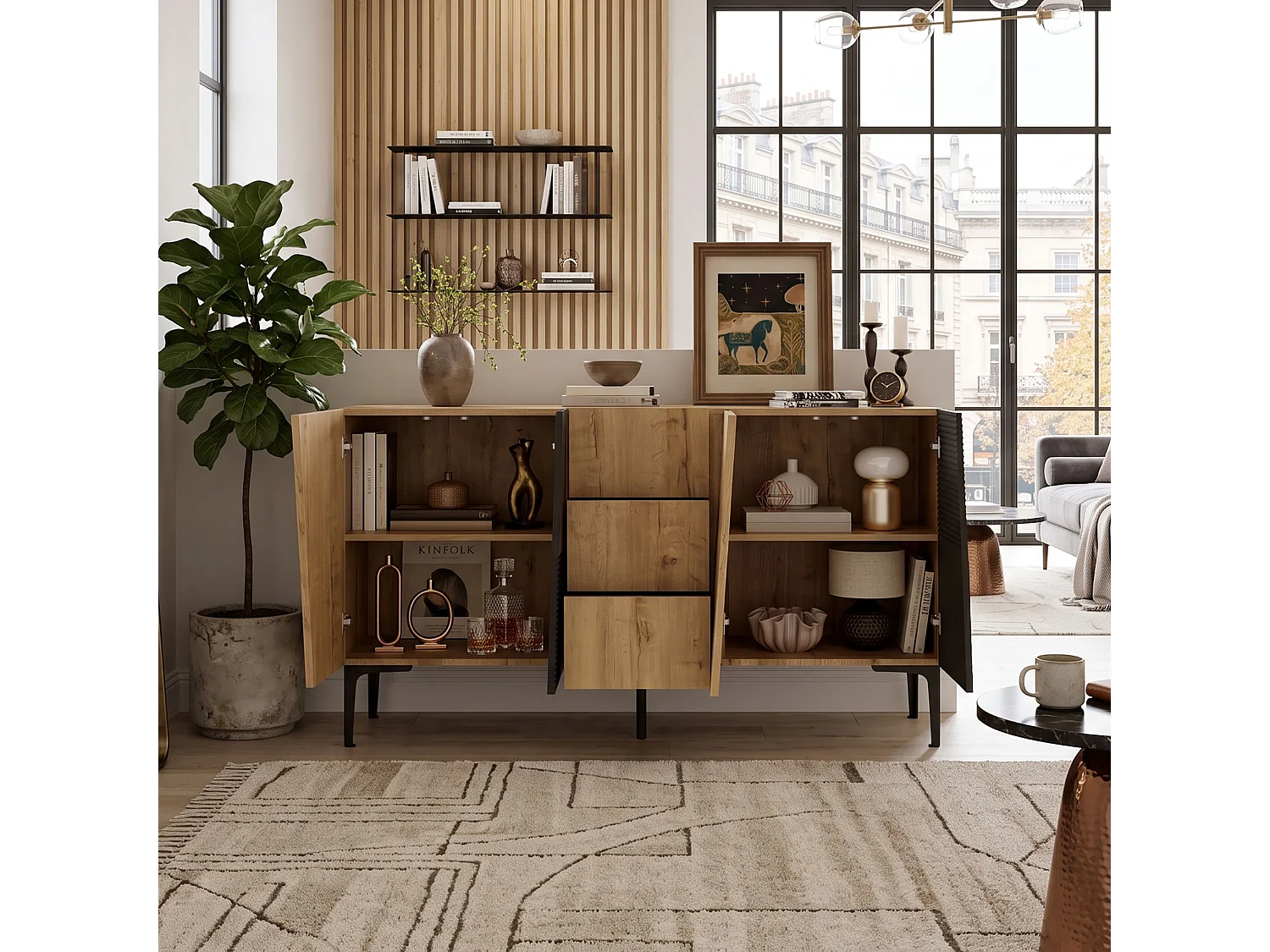 DreamMespace Buffet 160x40x80 cm - Meuble de Rangement 4 Portes 3 Tiroirs Étagères Réglables, Aspect Bois & Noir Industriels