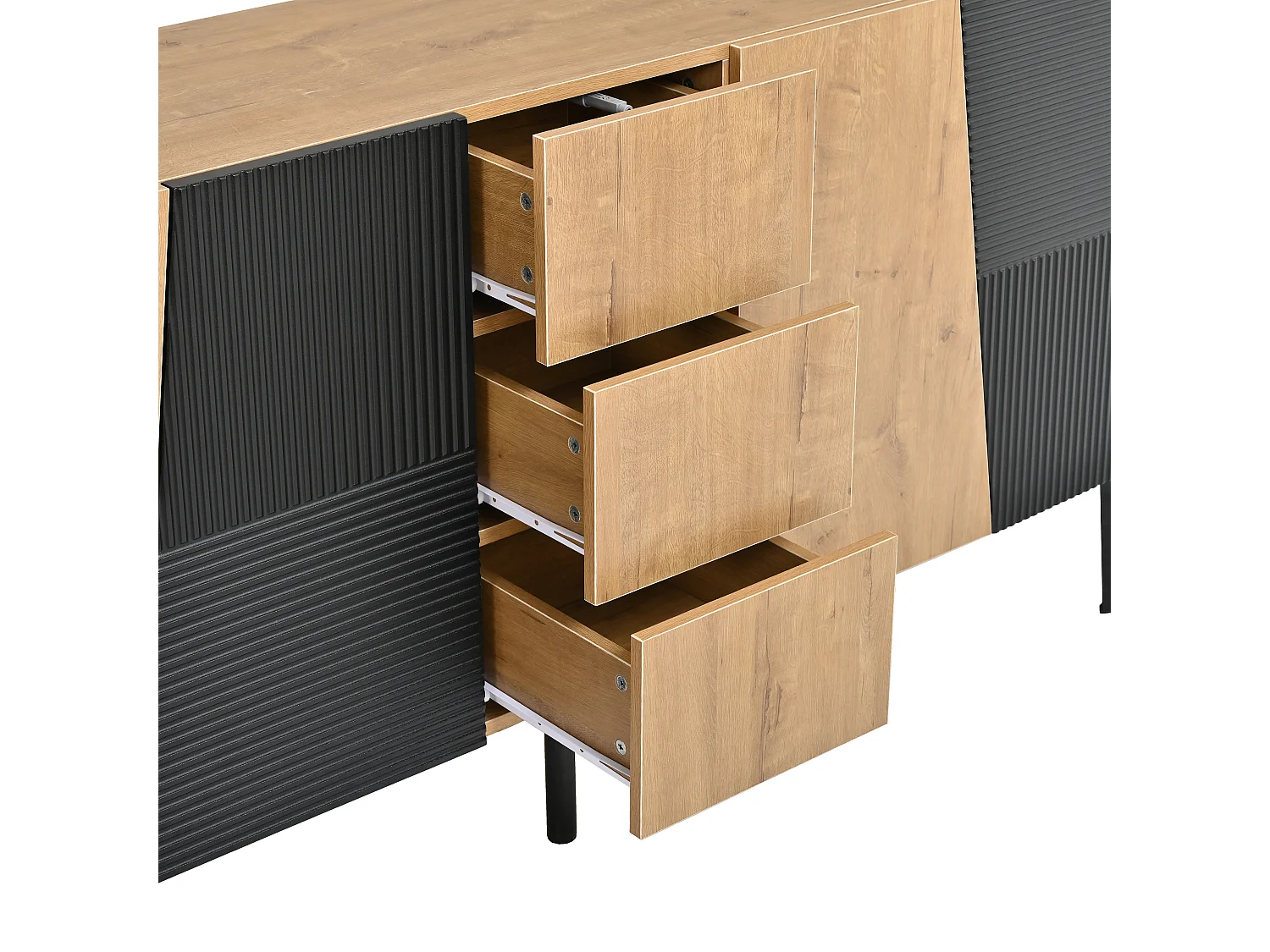 DreamMespace Buffet 160x40x80 cm - Meuble de Rangement 4 Portes 3 Tiroirs Étagères Réglables, Aspect Bois & Noir Industriels