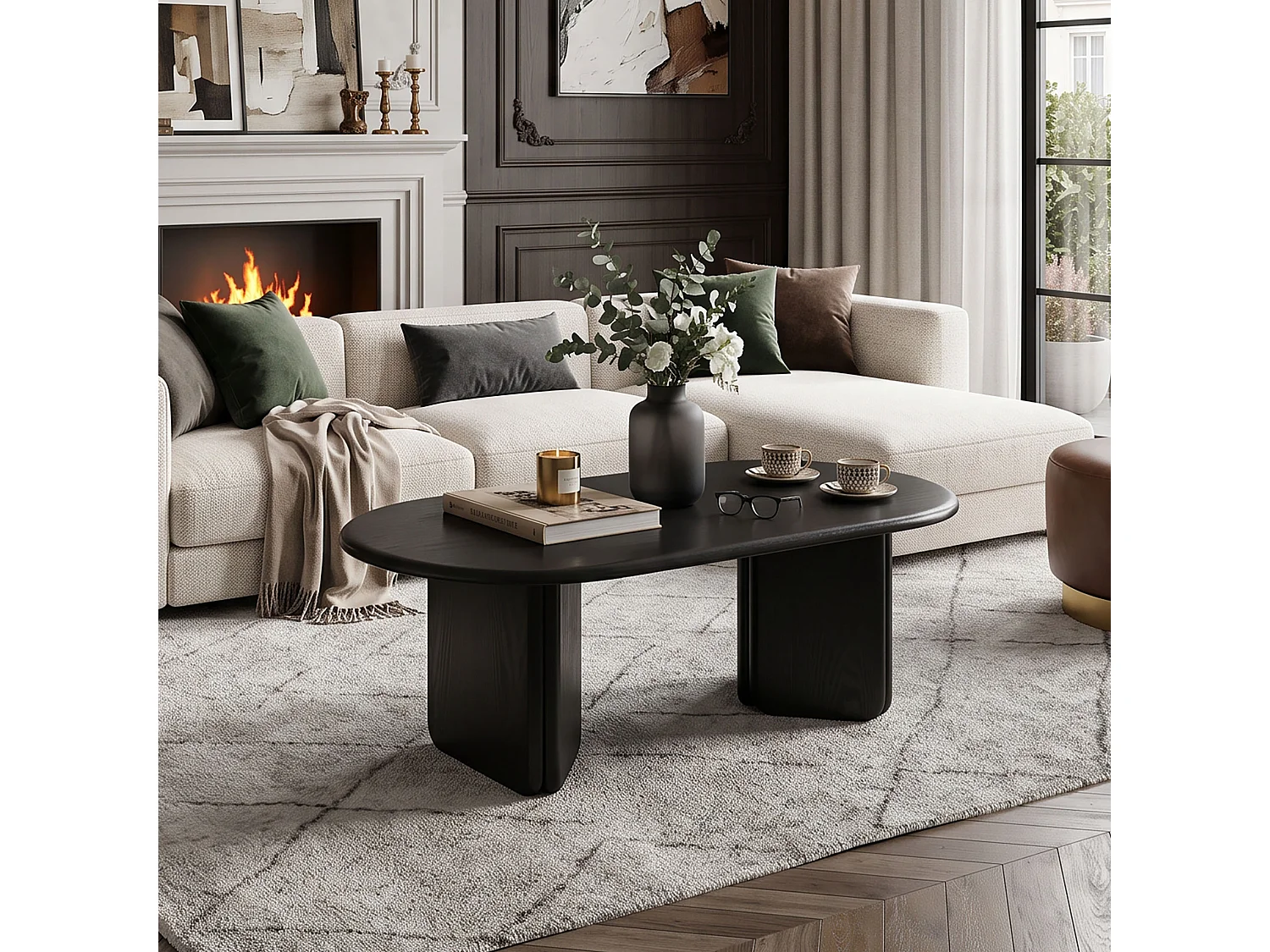 DreamMespace Table Basse Ovale 99x50x40 cm - Meuble de Salon Scandinave avec Piétement Géométrique, MDF Noir
