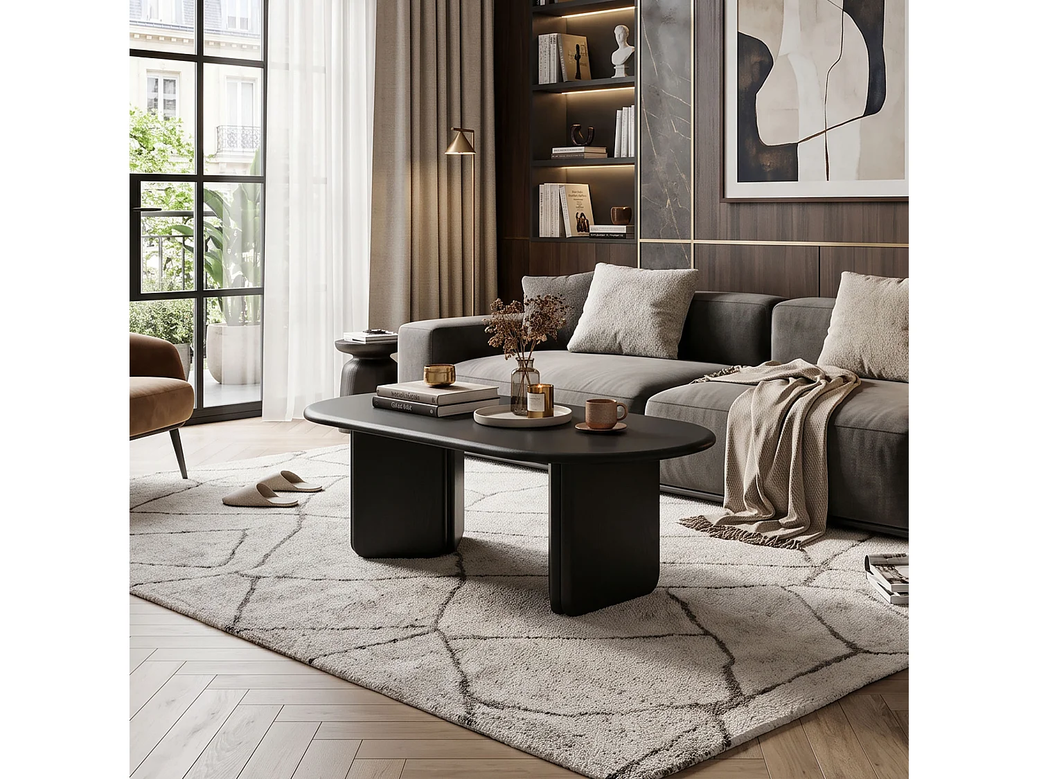 DreamMespace Table Basse Ovale 99x50x40 cm - Meuble de Salon Scandinave avec Piétement Géométrique, MDF Noir