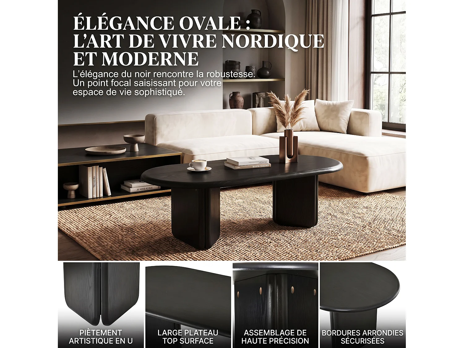 DreamMespace Table Basse Ovale 99x50x40 cm - Meuble de Salon Scandinave avec Piétement Géométrique, MDF Noir