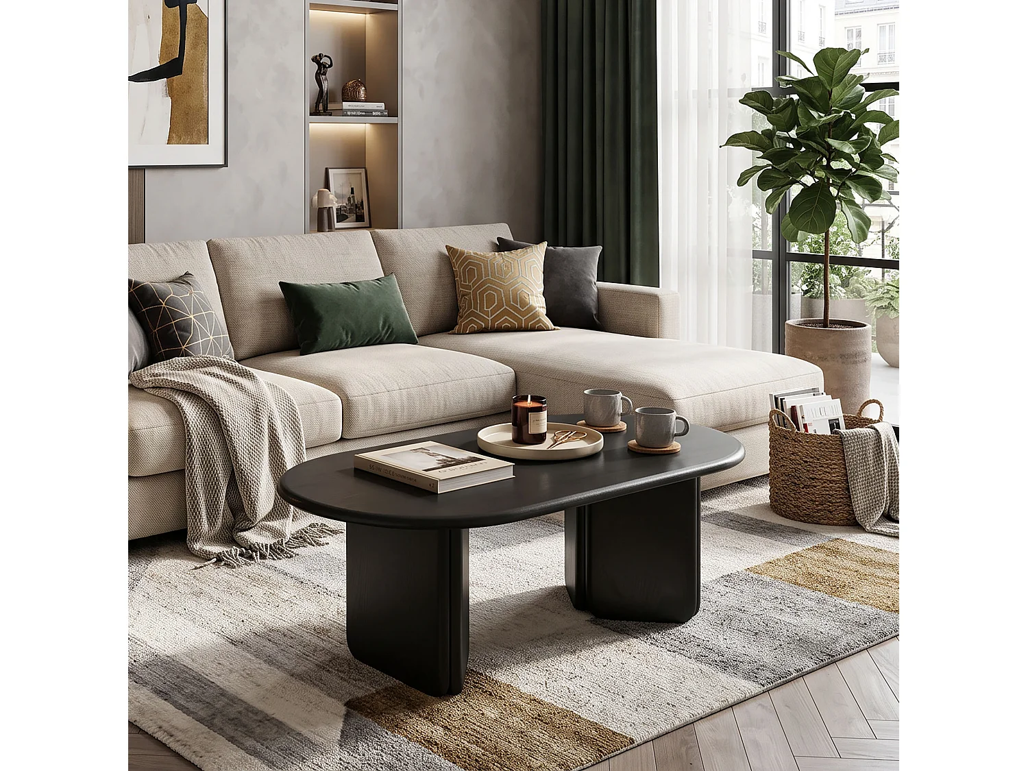 DreamMespace Table Basse Ovale 99x50x40 cm - Meuble de Salon Scandinave avec Piétement Géométrique, MDF Noir