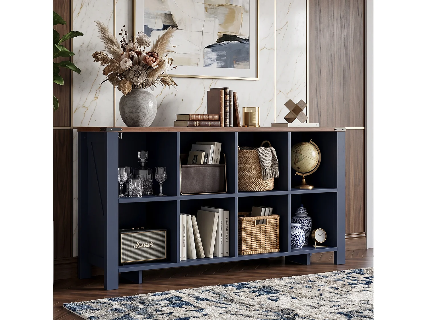 DreamMespace Buffet 140x34x75 cm - Meuble de Rangement 8 Cases Ouvertes, Étagère Horizontale Style Champêtre, Bleu Nuit