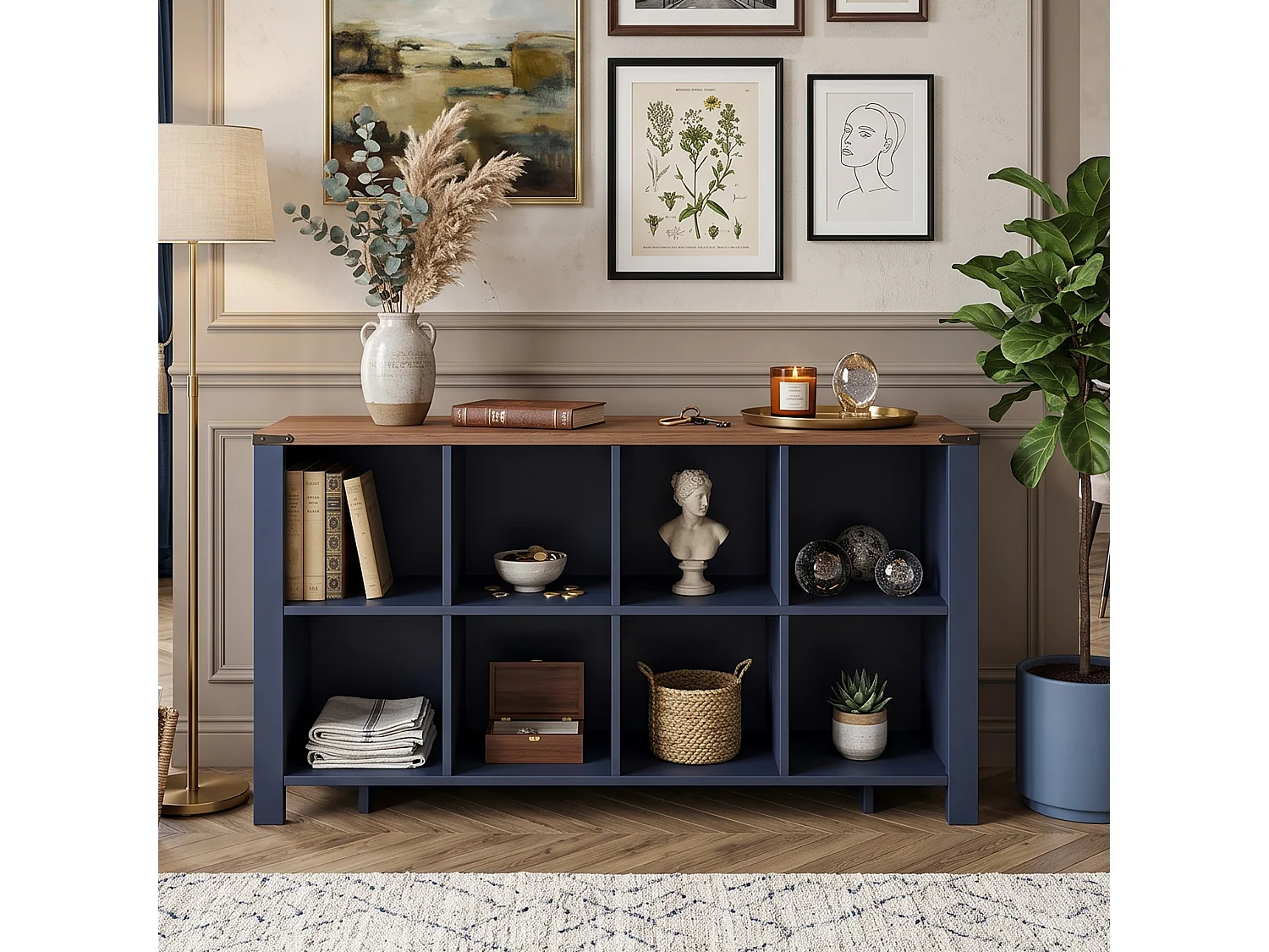 DreamMespace Buffet 140x34x75 cm - Meuble de Rangement 8 Cases Ouvertes, Étagère Horizontale Style Champêtre, Bleu Nuit