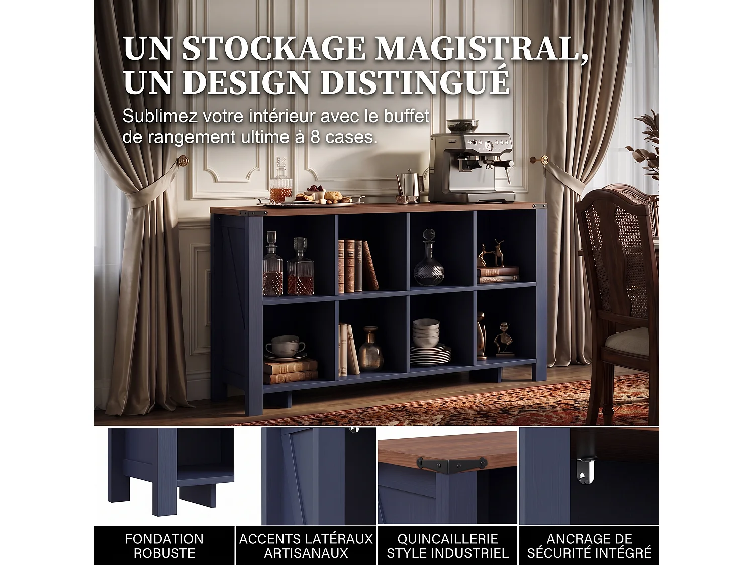 DreamMespace Buffet 140x34x75 cm - Meuble de Rangement 8 Cases Ouvertes, Étagère Horizontale Style Champêtre, Bleu Nuit