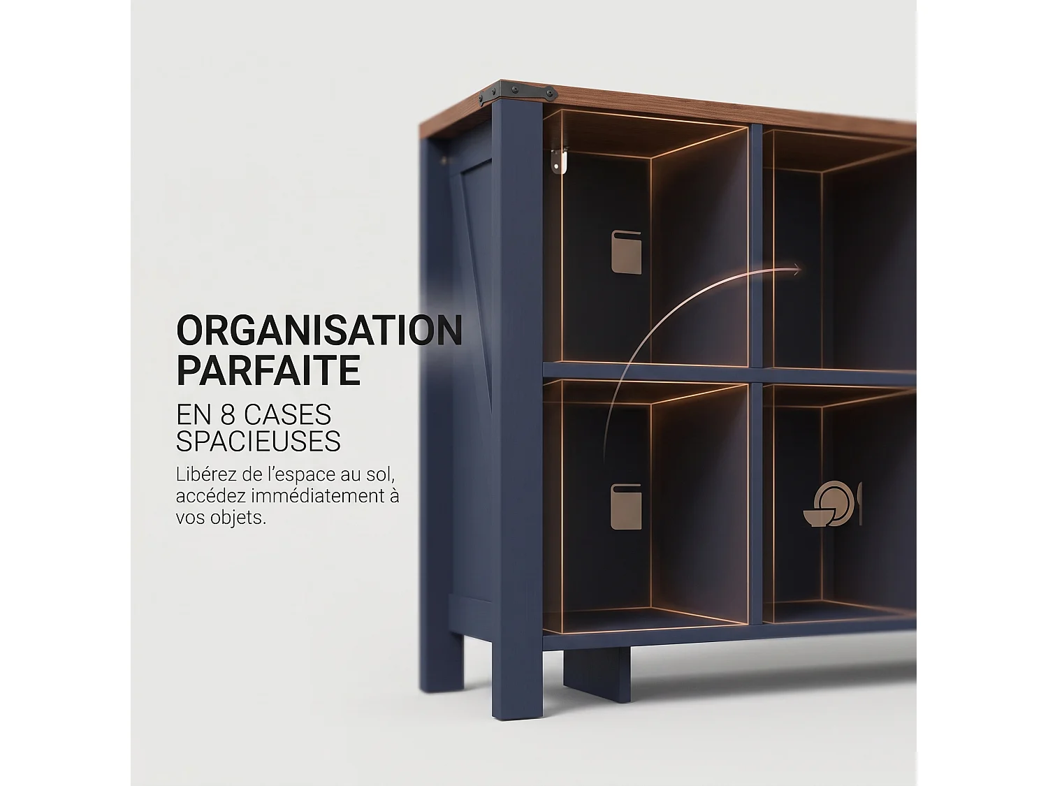DreamMespace Buffet 140x34x75 cm - Meuble de Rangement 8 Cases Ouvertes, Étagère Horizontale Style Champêtre, Bleu Nuit