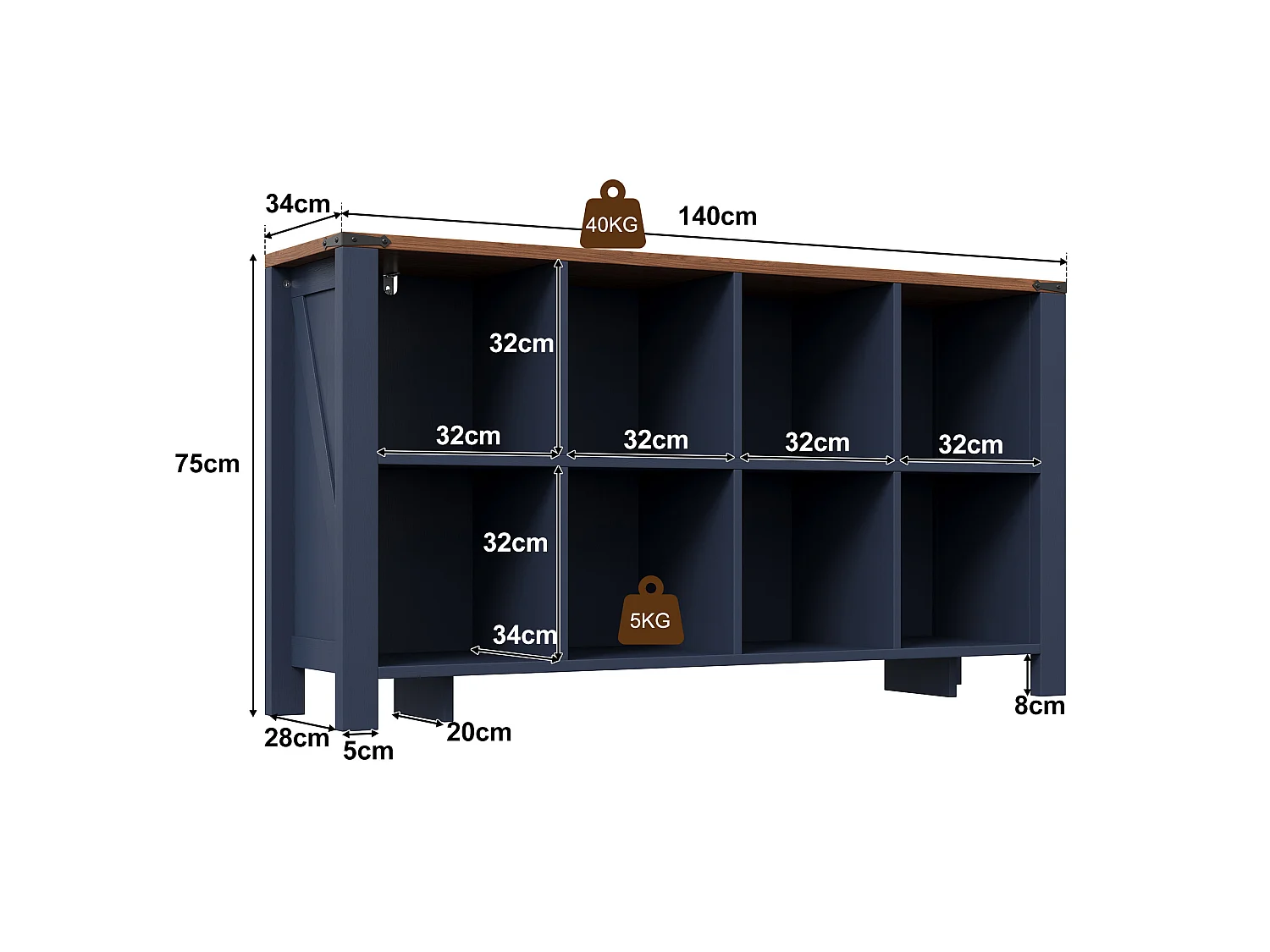 DreamMespace Buffet 140x34x75 cm - Meuble de Rangement 8 Cases Ouvertes, Étagère Horizontale Style Champêtre, Bleu Nuit