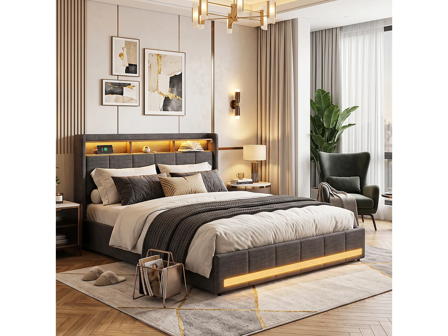 DreamMespace Lit Adulte 140x190 cm - Lit Coffre 4 Tiroirs & Rangement avec USB Type-C & LED, Lin Gris