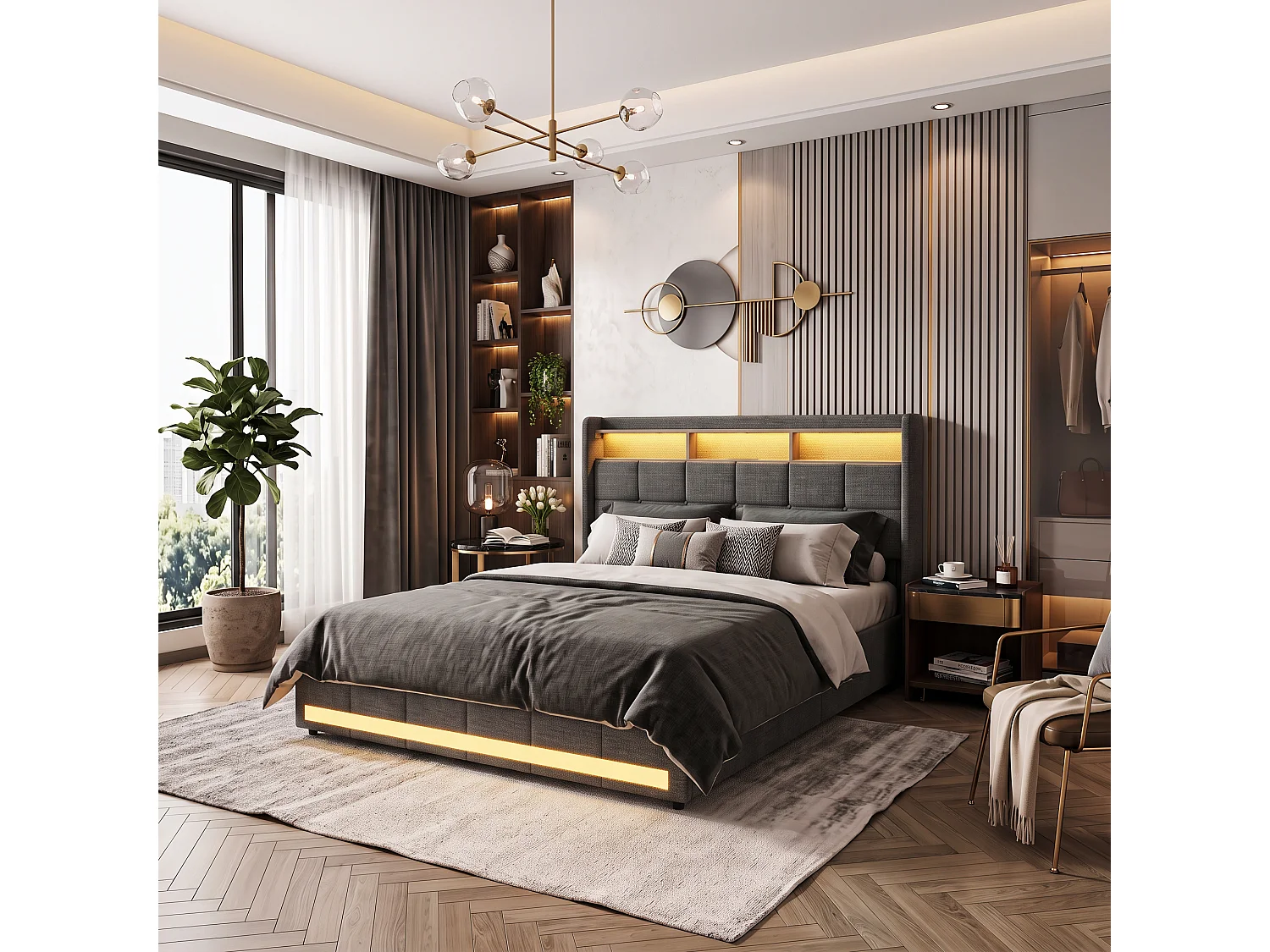 DreamMespace Lit Adulte 140x190 cm - Lit Coffre 4 Tiroirs & Rangement avec USB Type-C & LED, Lin Gris