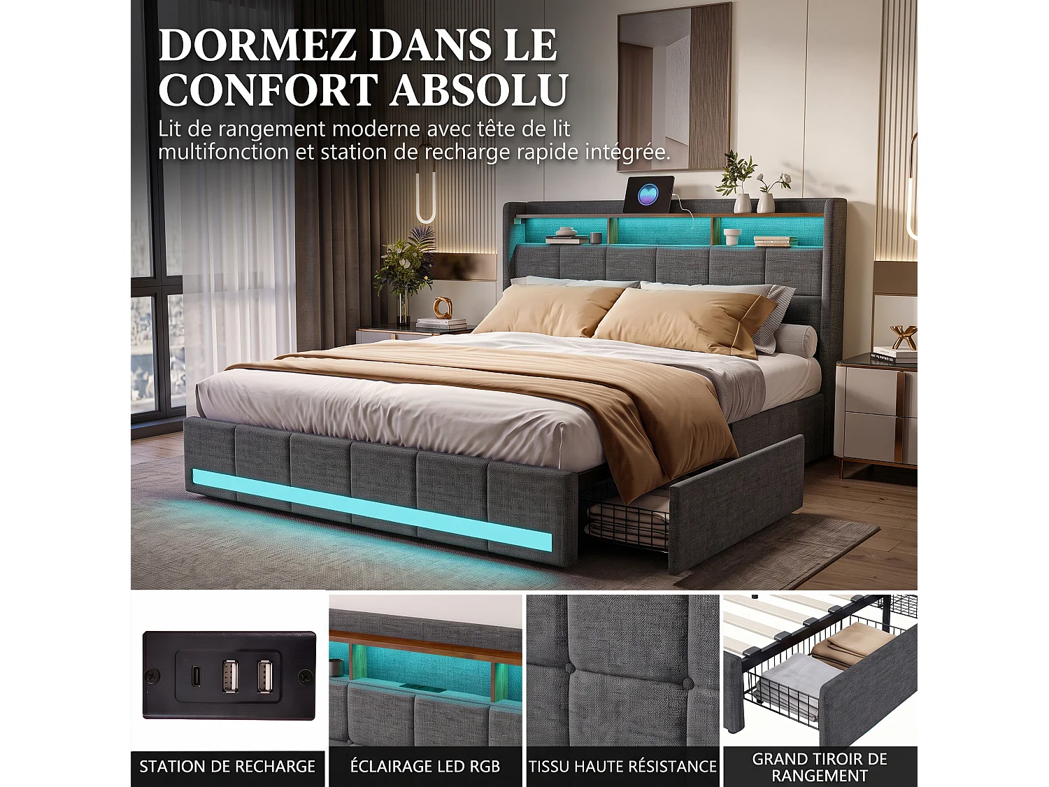 DreamMespace Lit Adulte 140x190 cm - Lit Coffre 4 Tiroirs & Rangement avec USB Type-C & LED, Lin Gris