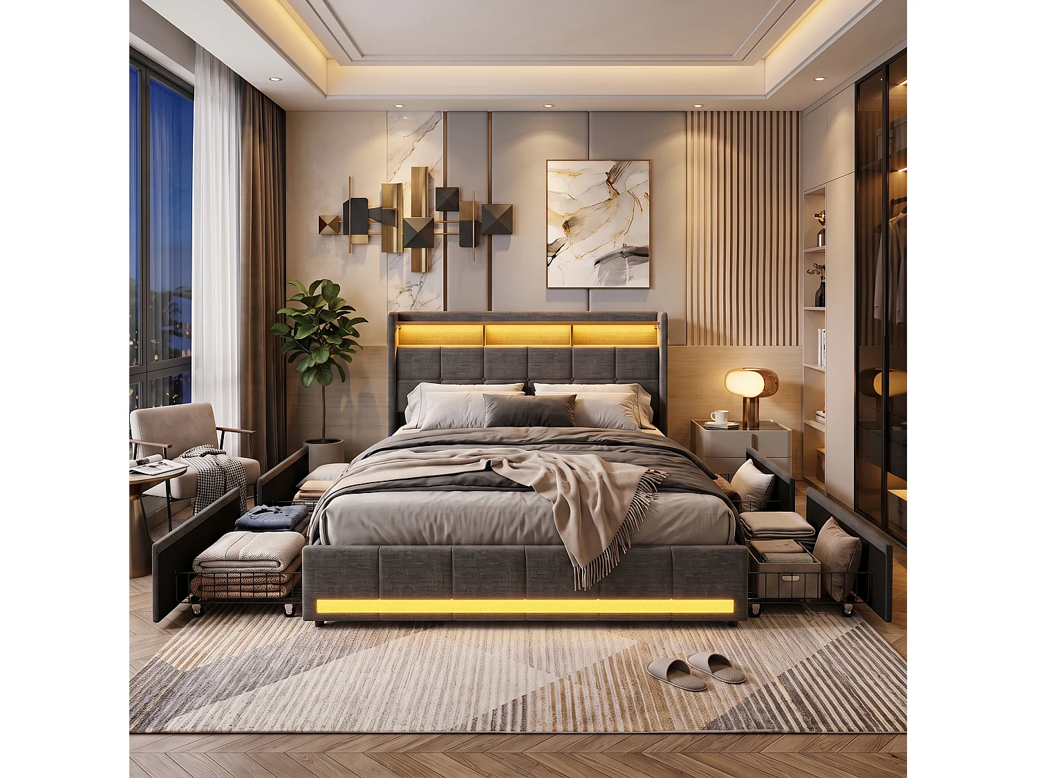 DreamMespace Lit Adulte 140x190 cm - Lit Coffre 4 Tiroirs & Rangement avec USB Type-C & LED, Lin Gris