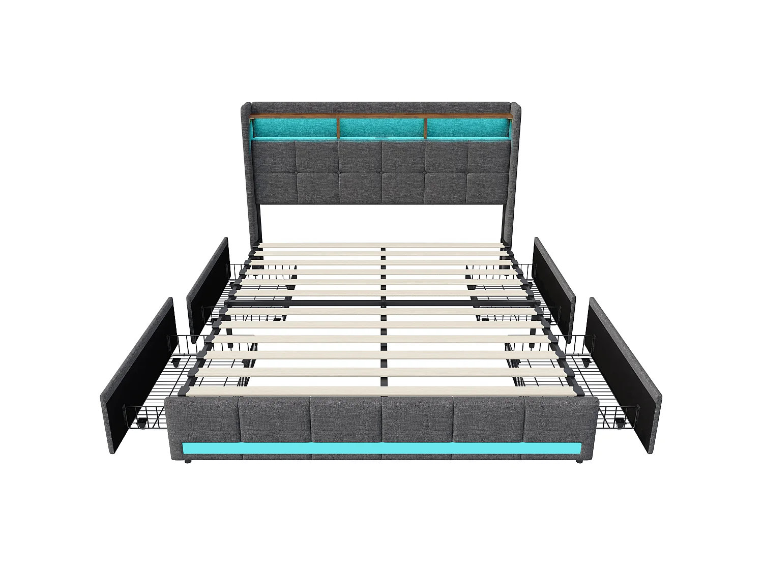 DreamMespace Lit Adulte 140x190 cm - Lit Coffre 4 Tiroirs & Rangement avec USB Type-C & LED, Lin Gris