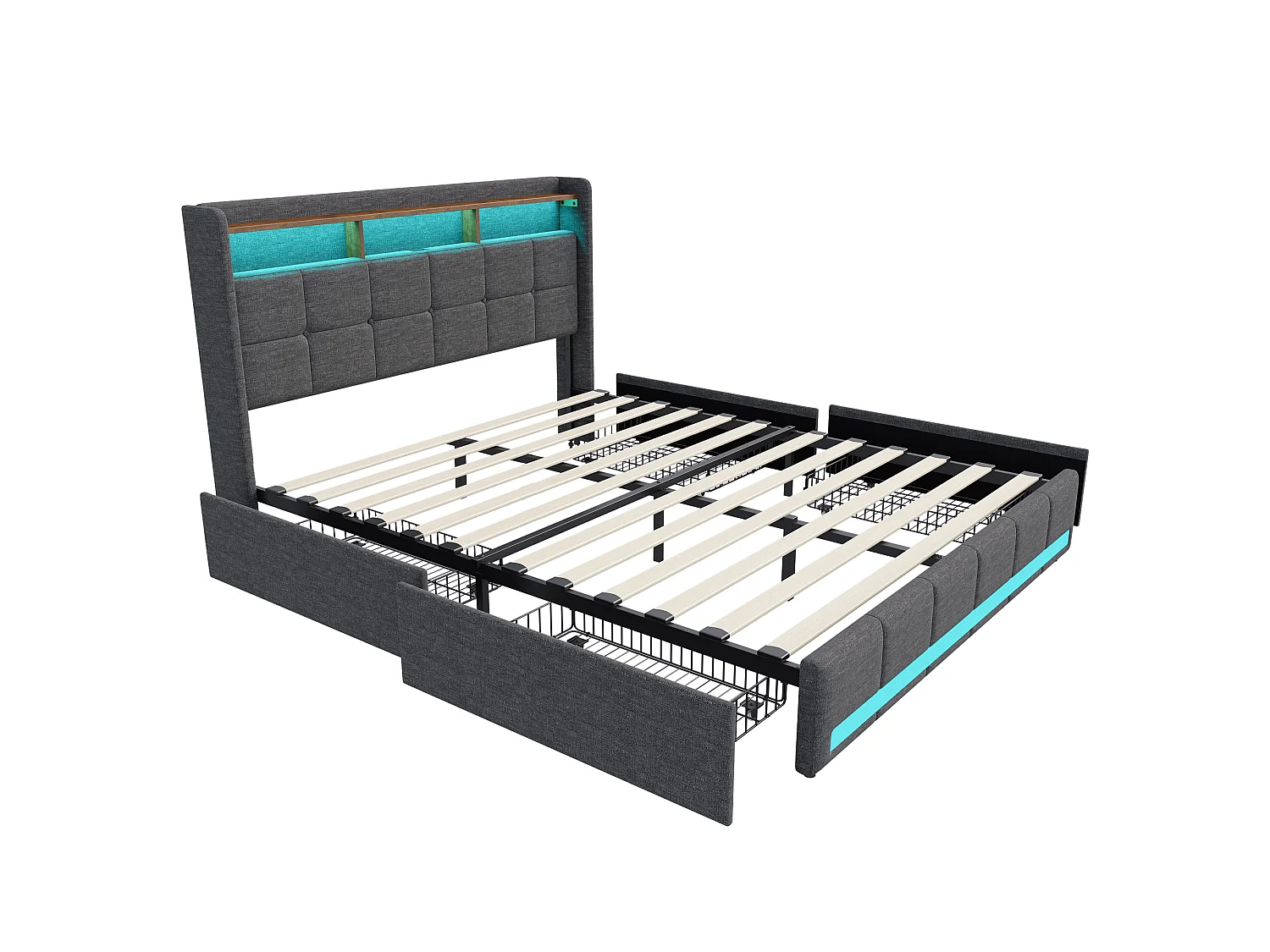 DreamMespace Lit Adulte 140x190 cm - Lit Coffre 4 Tiroirs & Rangement avec USB Type-C & LED, Lin Gris