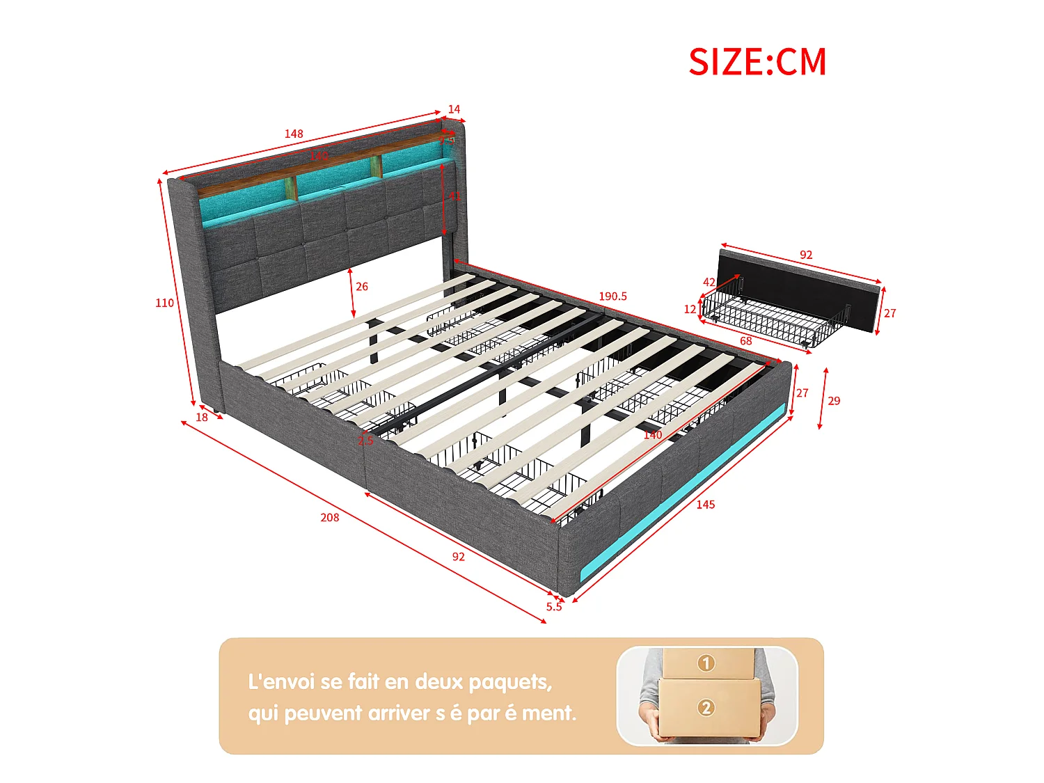 DreamMespace Lit Adulte 140x190 cm - Lit Coffre 4 Tiroirs & Rangement avec USB Type-C & LED, Lin Gris