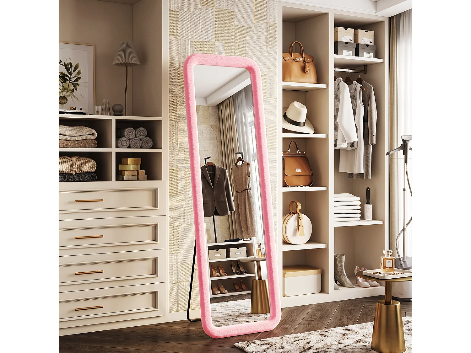 DreamMespace Grand Miroir sur Pied 160x50 cm - Miroir Pleine Longueur Mural Forme Arche Flanelle Douce, Rose