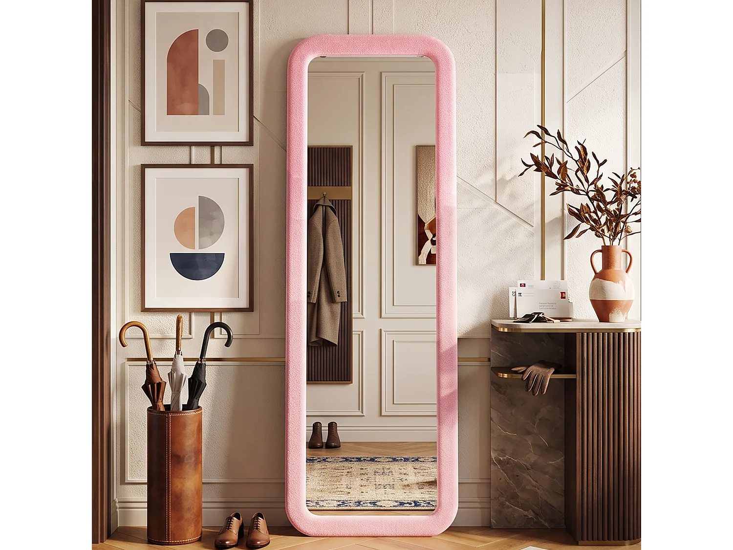 DreamMespace Grand Miroir sur Pied 160x50 cm - Miroir Pleine Longueur Mural Forme Arche Flanelle Douce, Rose