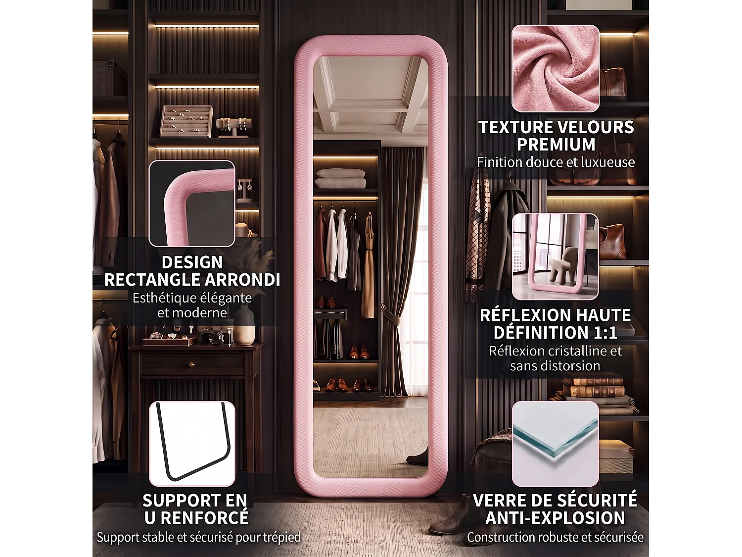 DreamMespace Grand Miroir sur Pied 160x50 cm - Miroir Pleine Longueur Mural Forme Arche Flanelle Douce, Rose