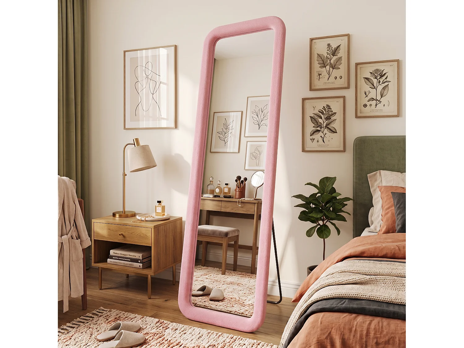 DreamMespace Grand Miroir sur Pied 160x50 cm - Miroir Pleine Longueur Mural Forme Arche Flanelle Douce, Rose