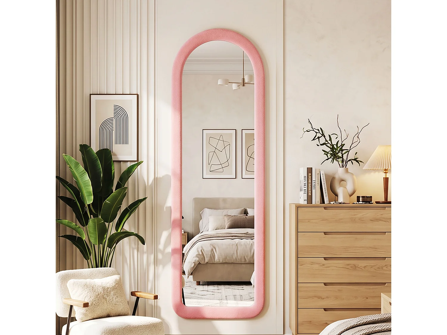 DreamMespace Miroir sur Pied Pleine Longueur 160x50 cm - Miroir Psyché sur Pied en Arche Flottante & Cadre Flanelle Douce, Rose