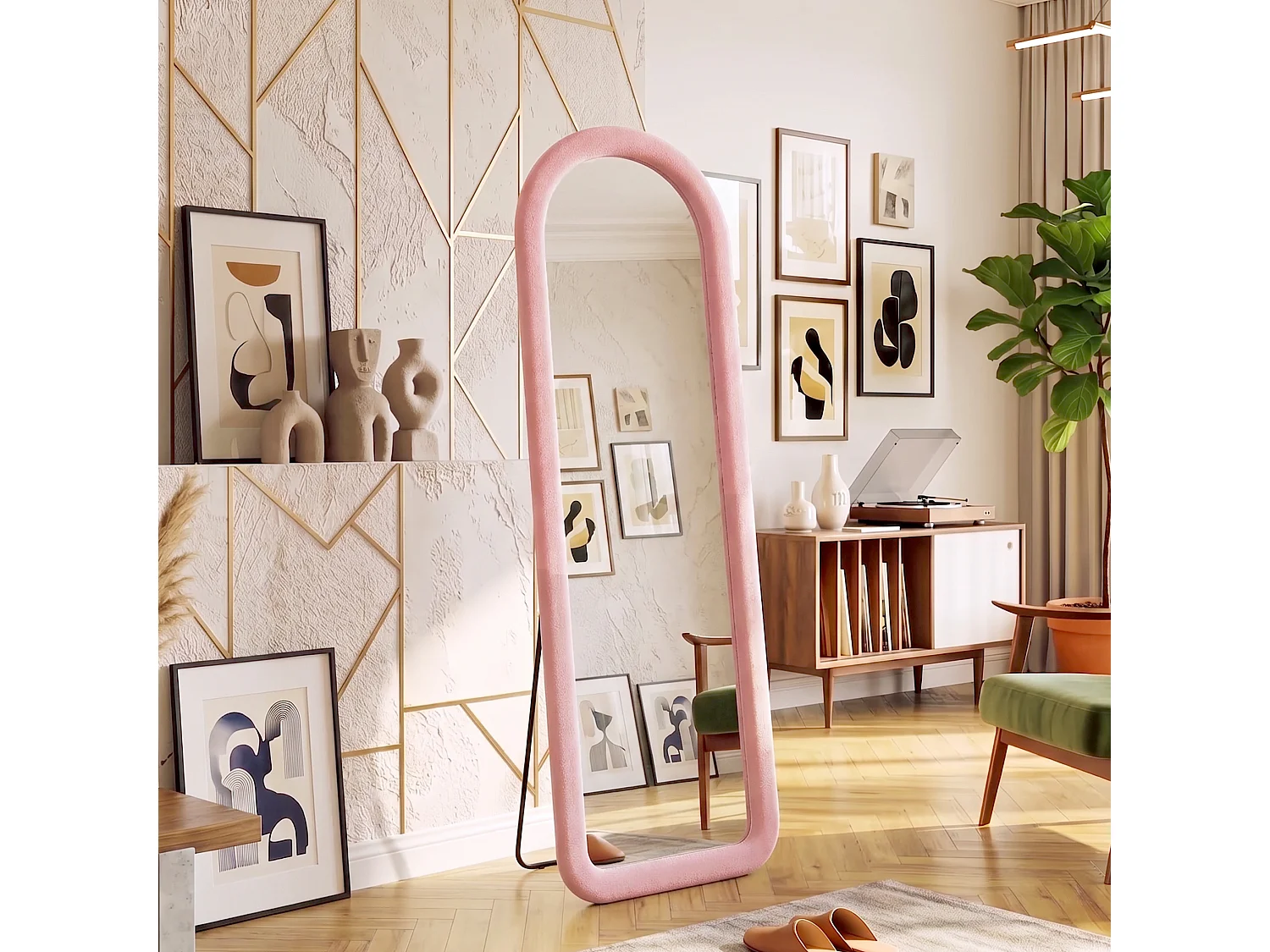 DreamMespace Miroir sur Pied Pleine Longueur 160x50 cm - Miroir Psyché sur Pied en Arche Flottante & Cadre Flanelle Douce, Rose
