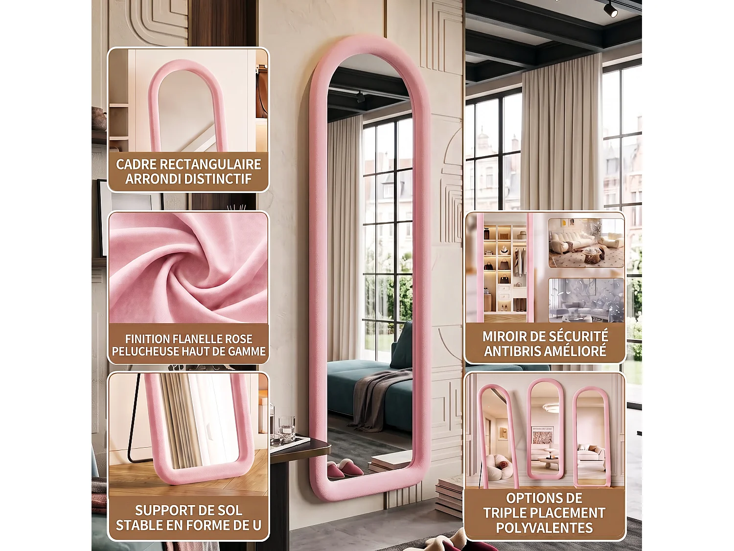 DreamMespace Miroir sur Pied Pleine Longueur 160x50 cm - Miroir Psyché sur Pied en Arche Flottante & Cadre Flanelle Douce, Rose