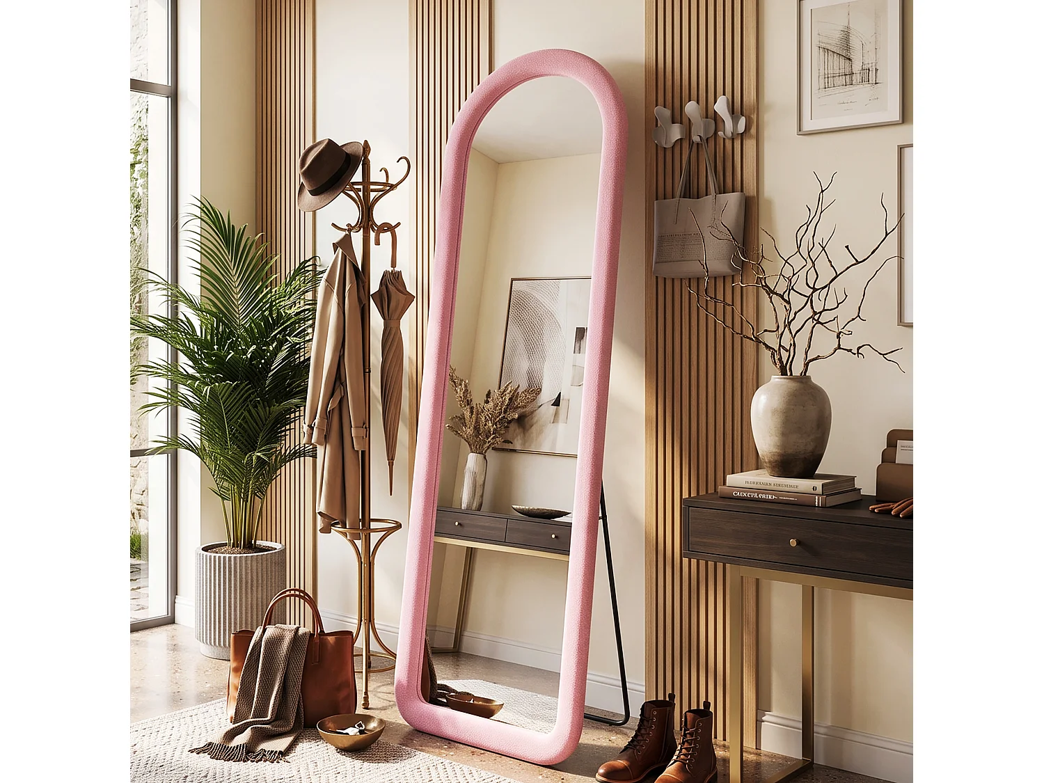 DreamMespace Miroir sur Pied Pleine Longueur 160x50 cm - Miroir Psyché sur Pied en Arche Flottante & Cadre Flanelle Douce, Rose